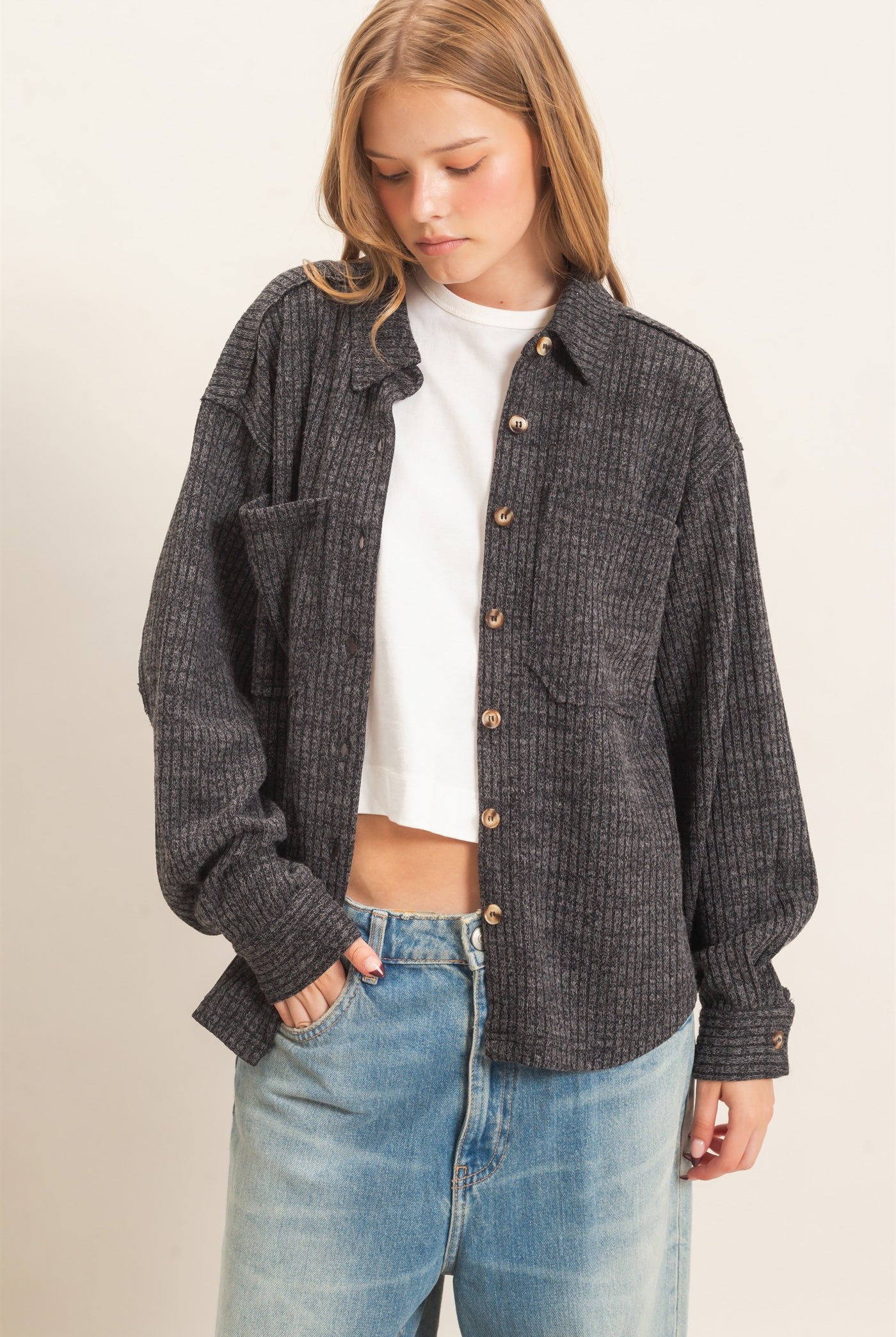 Wholesale Corduroy Button-Up Shirt Shirts HF26F138 BLACK HYFVE