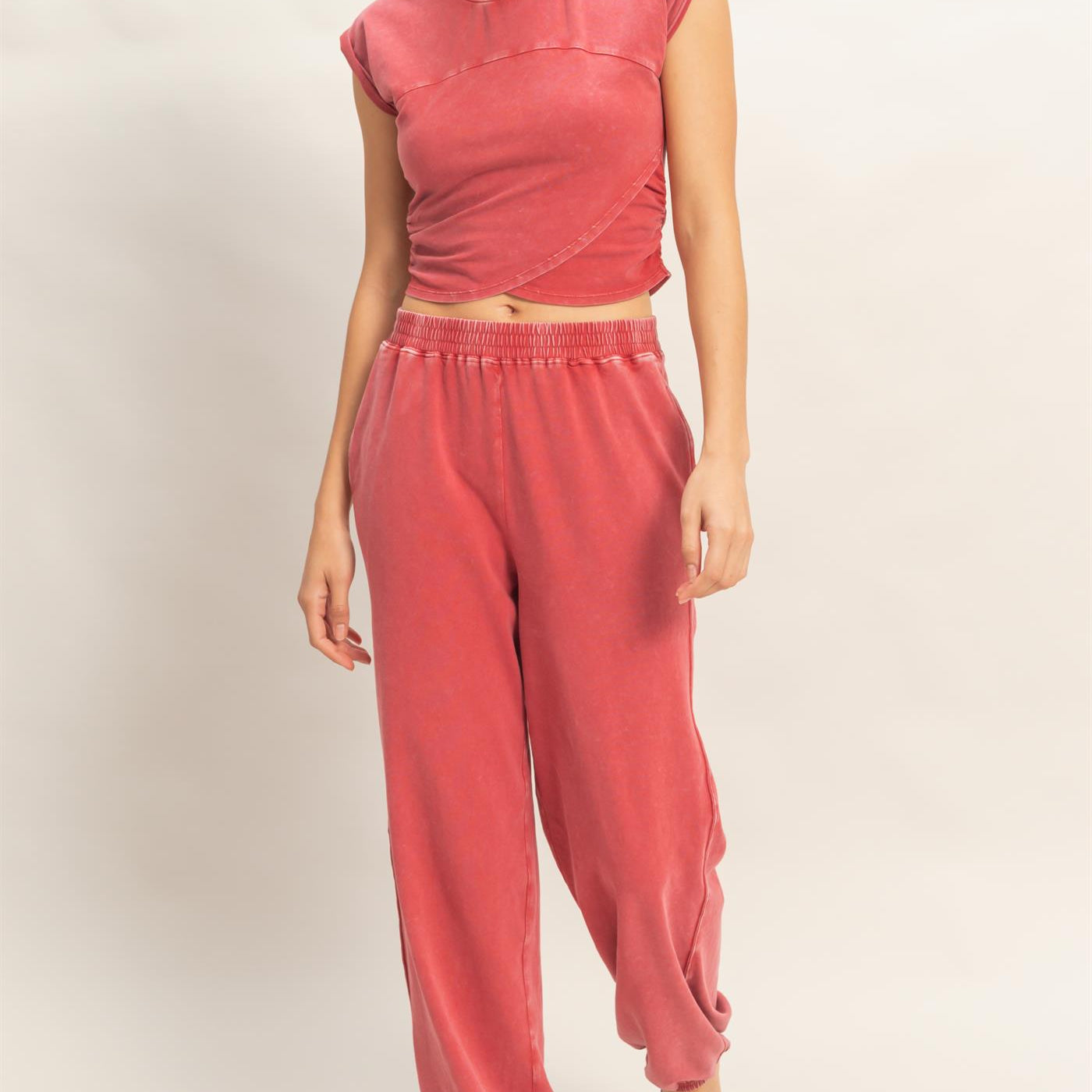 Wholesale Rolled Sleeve Wrap-Front Crop Top And Jogger Set Clothing DZ26A172-SET DARK RED DOUBLE ZERO