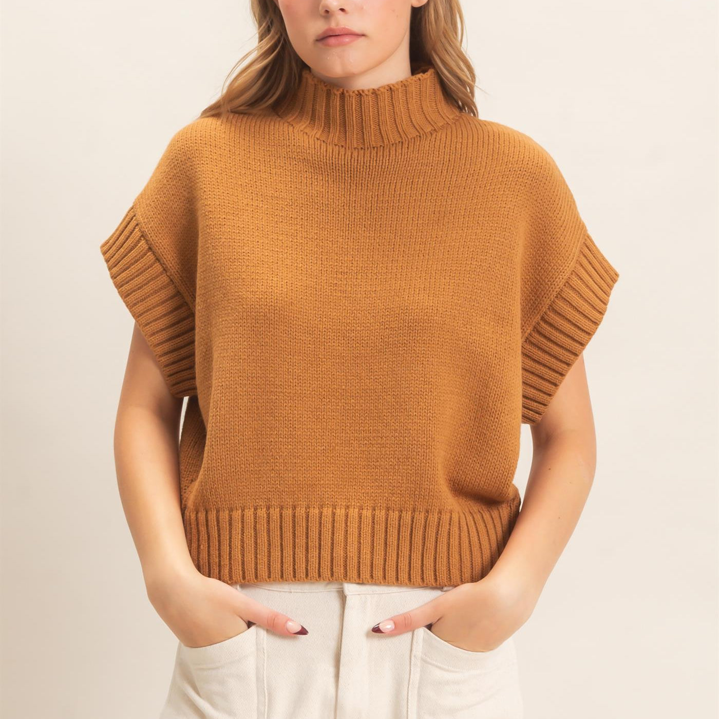 Wholesale Ribbed Mock Neck Sweater Vest Sweaters HF26F186-D BROWN HYFVE