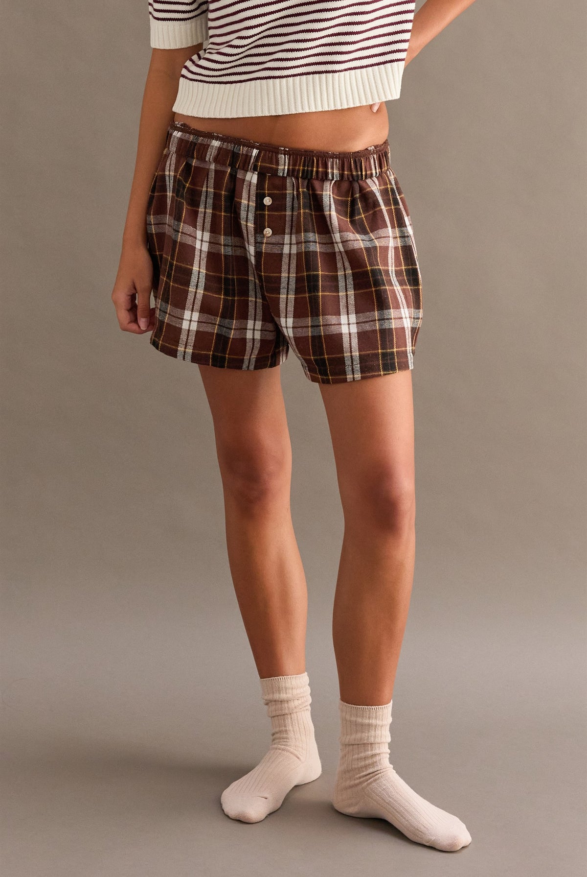 Wholesale Button-Front Plaid Boxer Shorts Shorts DZ25F483 BROWN DOUBLE ZERO