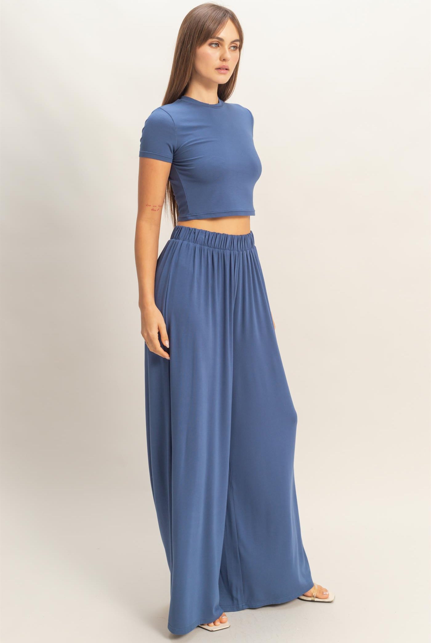 Wholesale Short Sleeve Top & Wide Leg Pants Set Clothing HF26C310-SET-D MIDNIGHT NAVY HYFVE