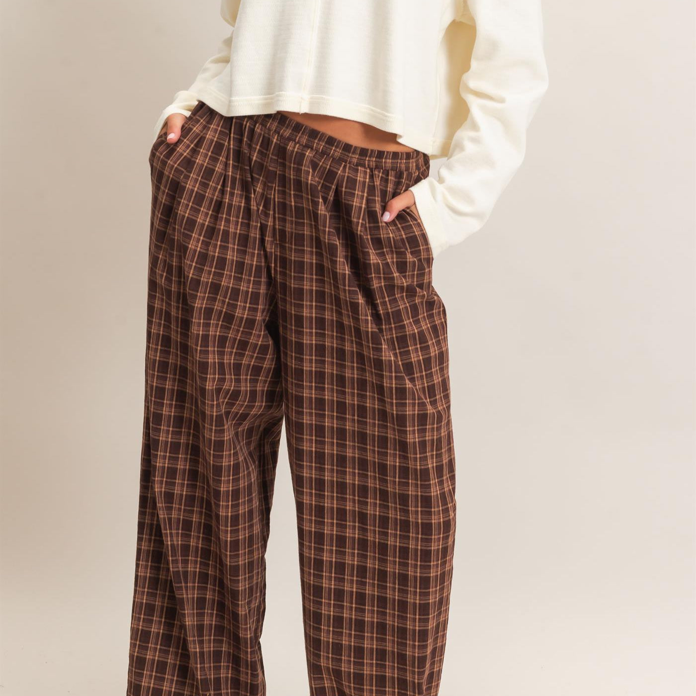 Wholesale Elastic Waist Plaid Pants Pants DZ26E375 BROWN DOUBLE ZERO