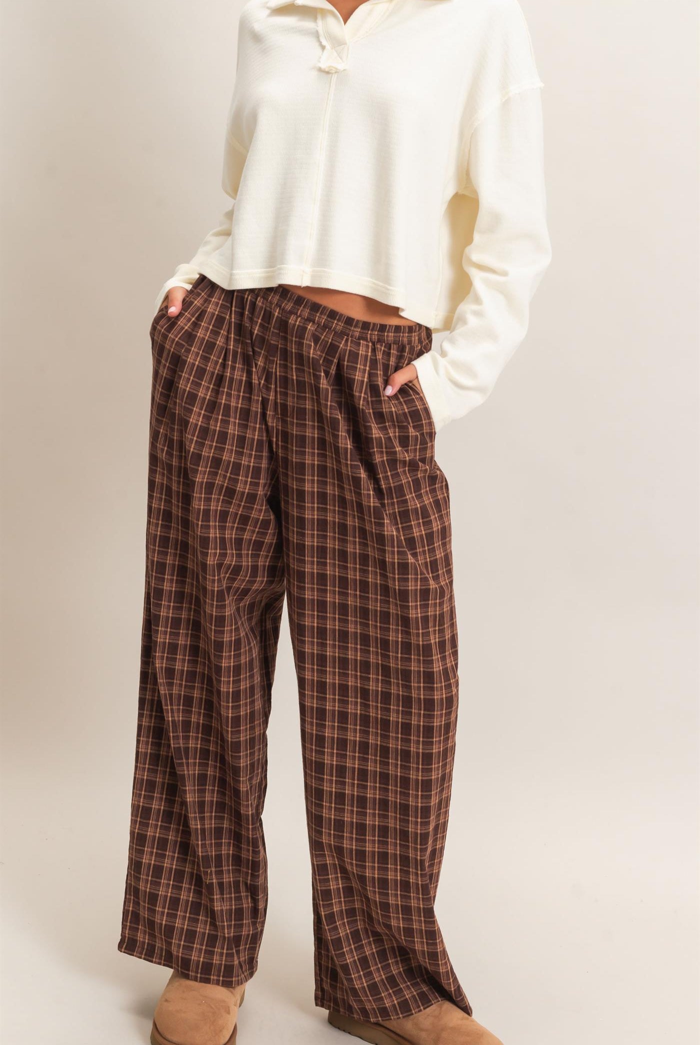 Wholesale Elastic Waist Plaid Pants Pants DZ26E375 BROWN DOUBLE ZERO