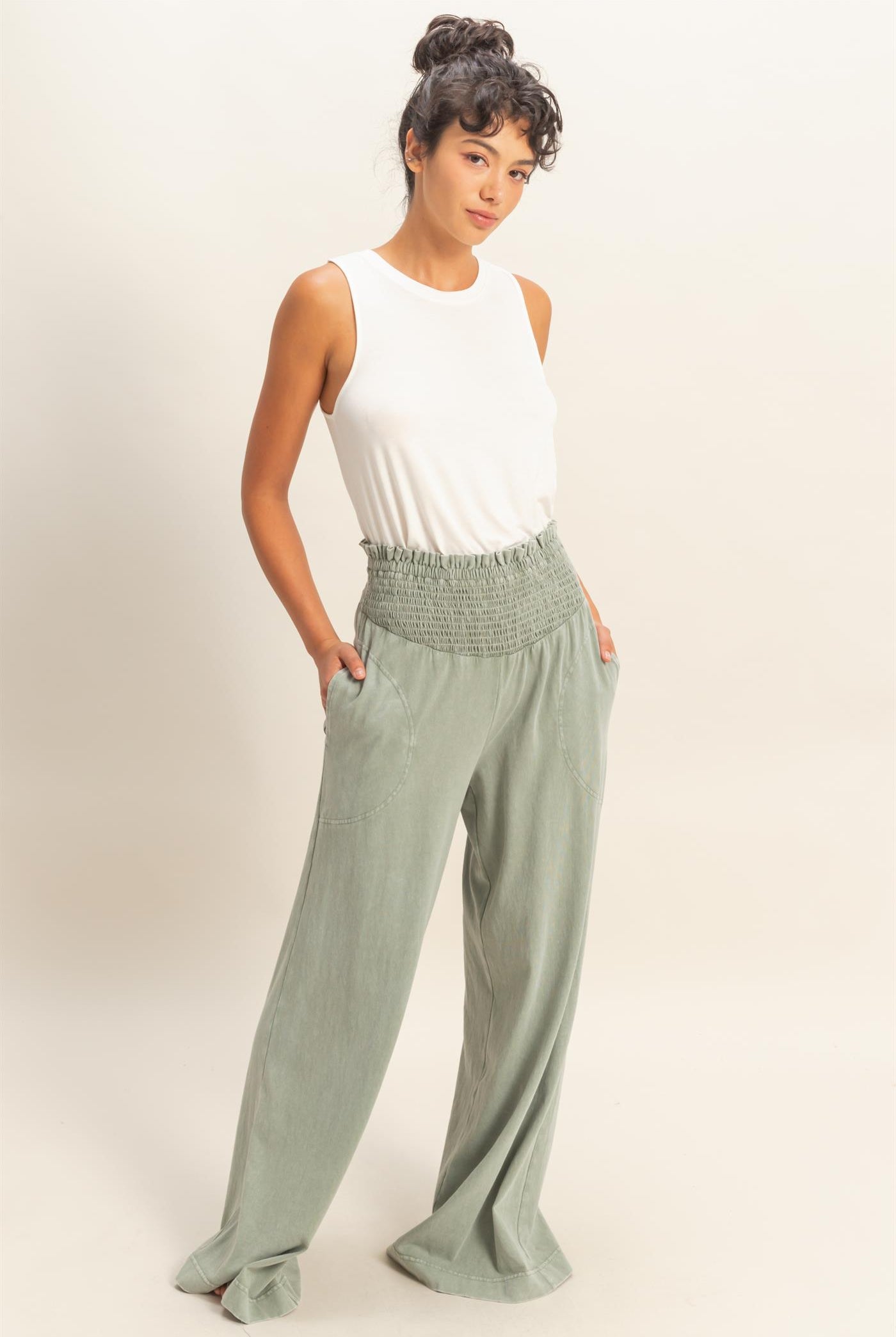Wholesale Mineral Washed Wide-Leg Smocked Waist Pants Pants DZ26A249 SAGE GREEN DOUBLE ZERO