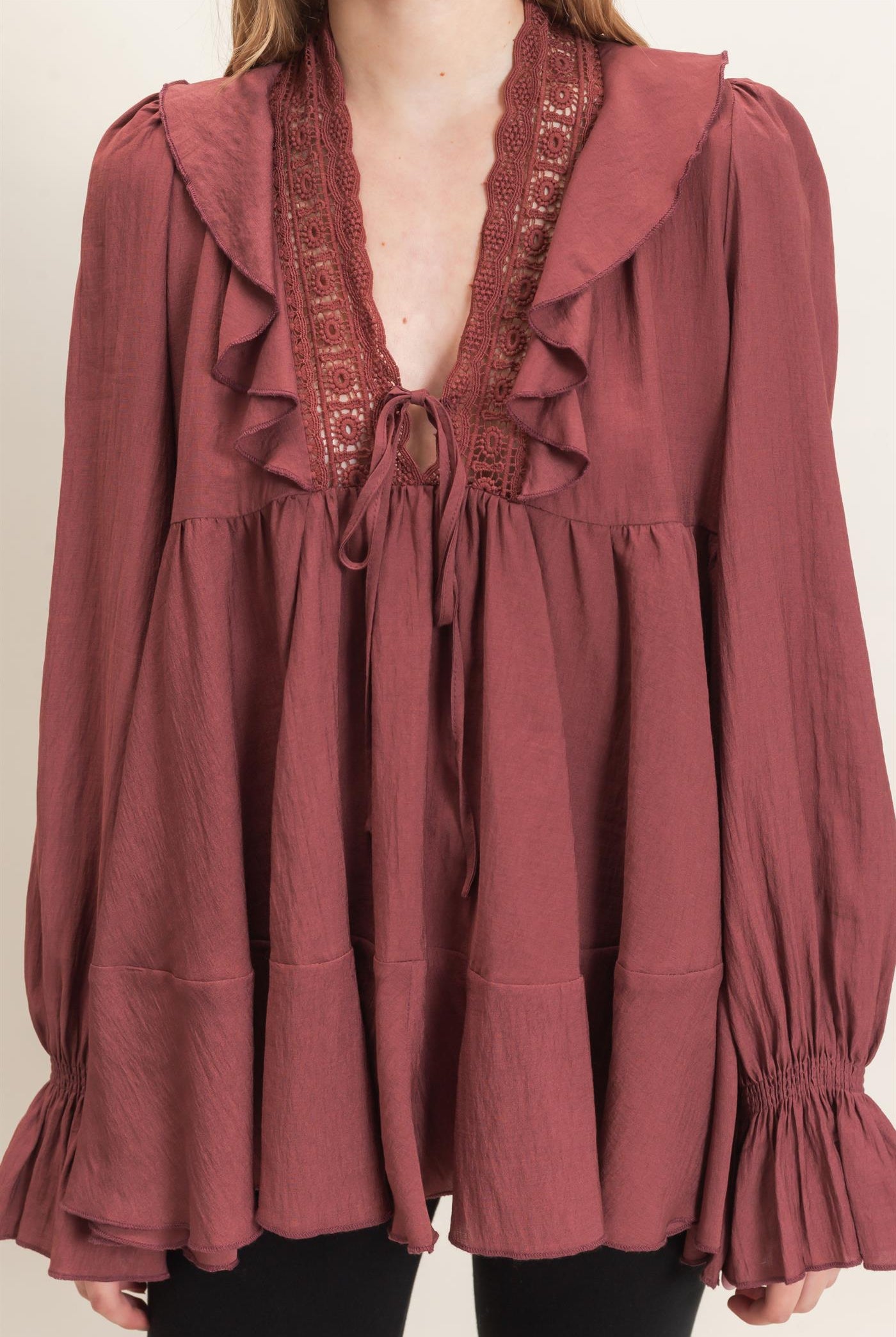 Wholesale Ruffle Lace Tie Neck Blouse Tunics HF26E642 MAROON HYFVE