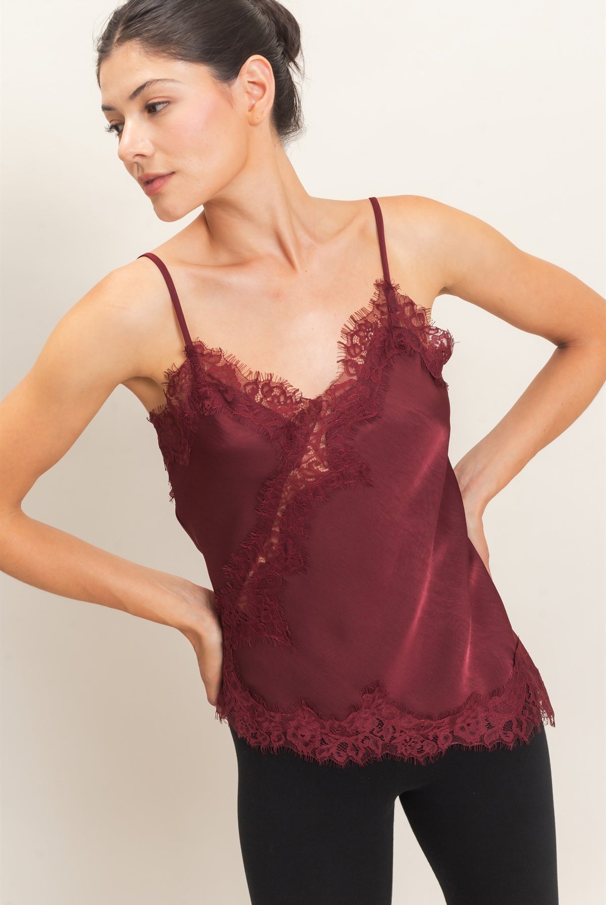 Wholesale Asymmetrical Satin Lace Top Camisoles HF26C945-D BURGUNDY HYFVE