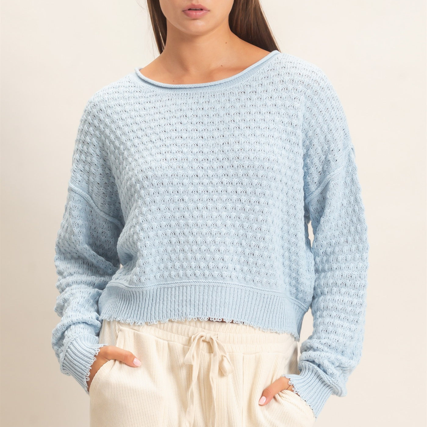 Wholesale Textured Boat Neck Sweater Sweaters DZ26E880 ICE BLUE DOUBLE ZERO