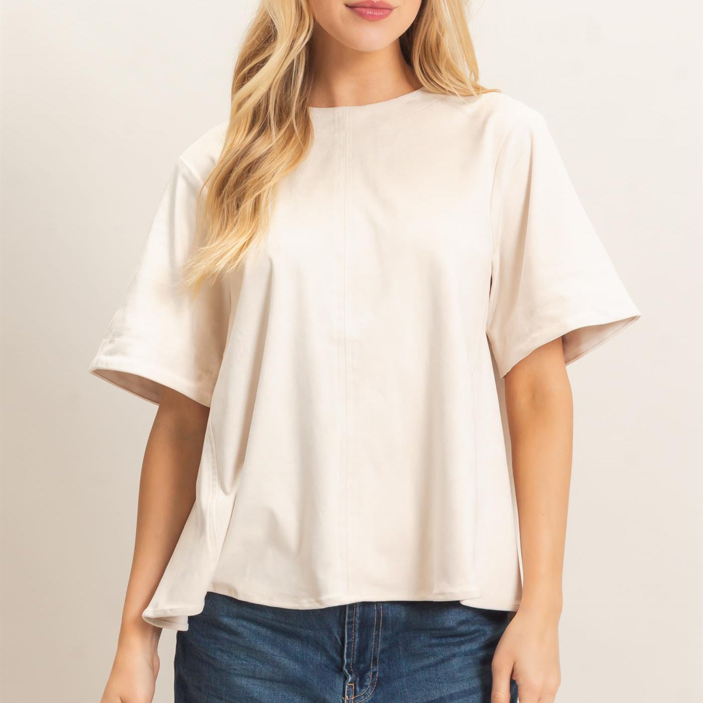 Wholesale Suede Boat Neck Top Clothing Tops HF26E351 CREAM HYFVE