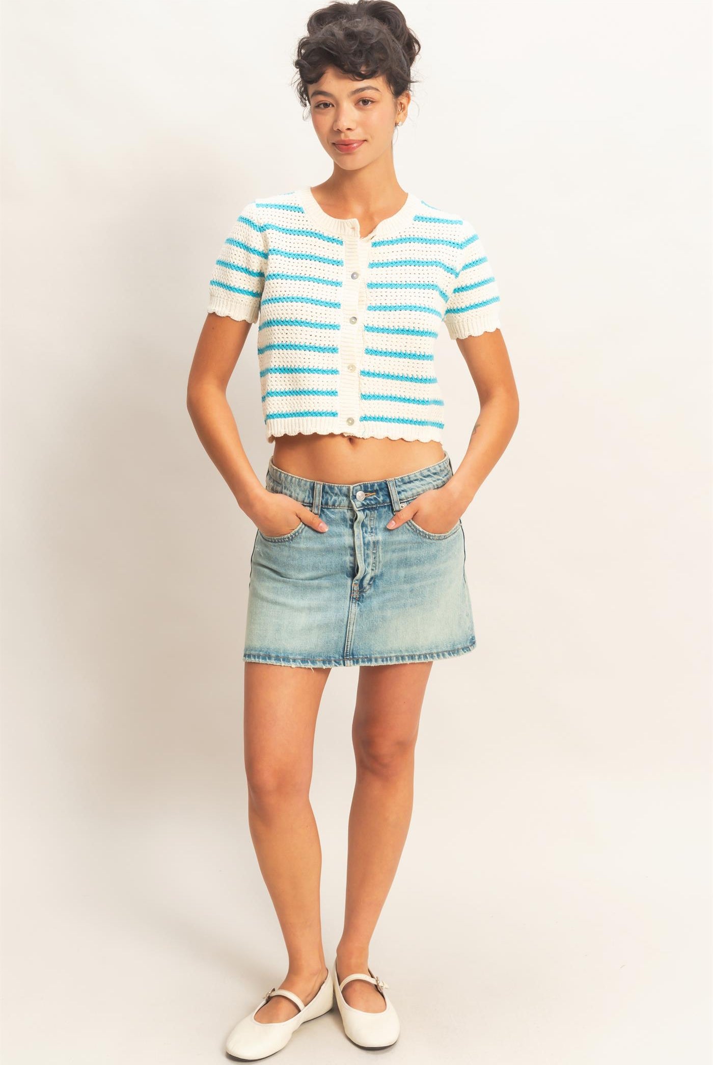 Wholesale Striped Short Sleeve Cardigan With Scallop Edge Cardigans DZ26A605 BLUE DOUBLE ZERO
