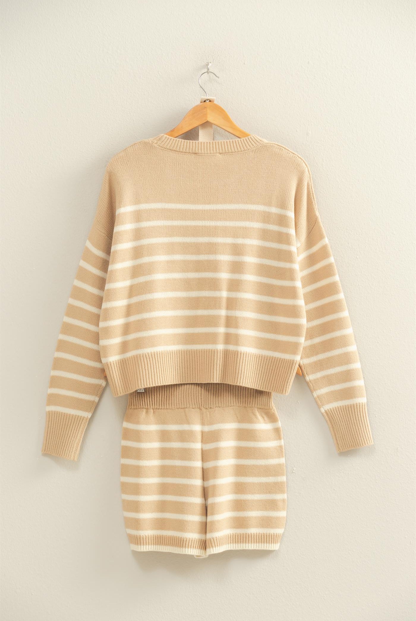 Wholesale Striped Knit Sweater And Shorts Set Clothing DZ25E141-SET TAUPE/CREAM DOUBLE ZERO