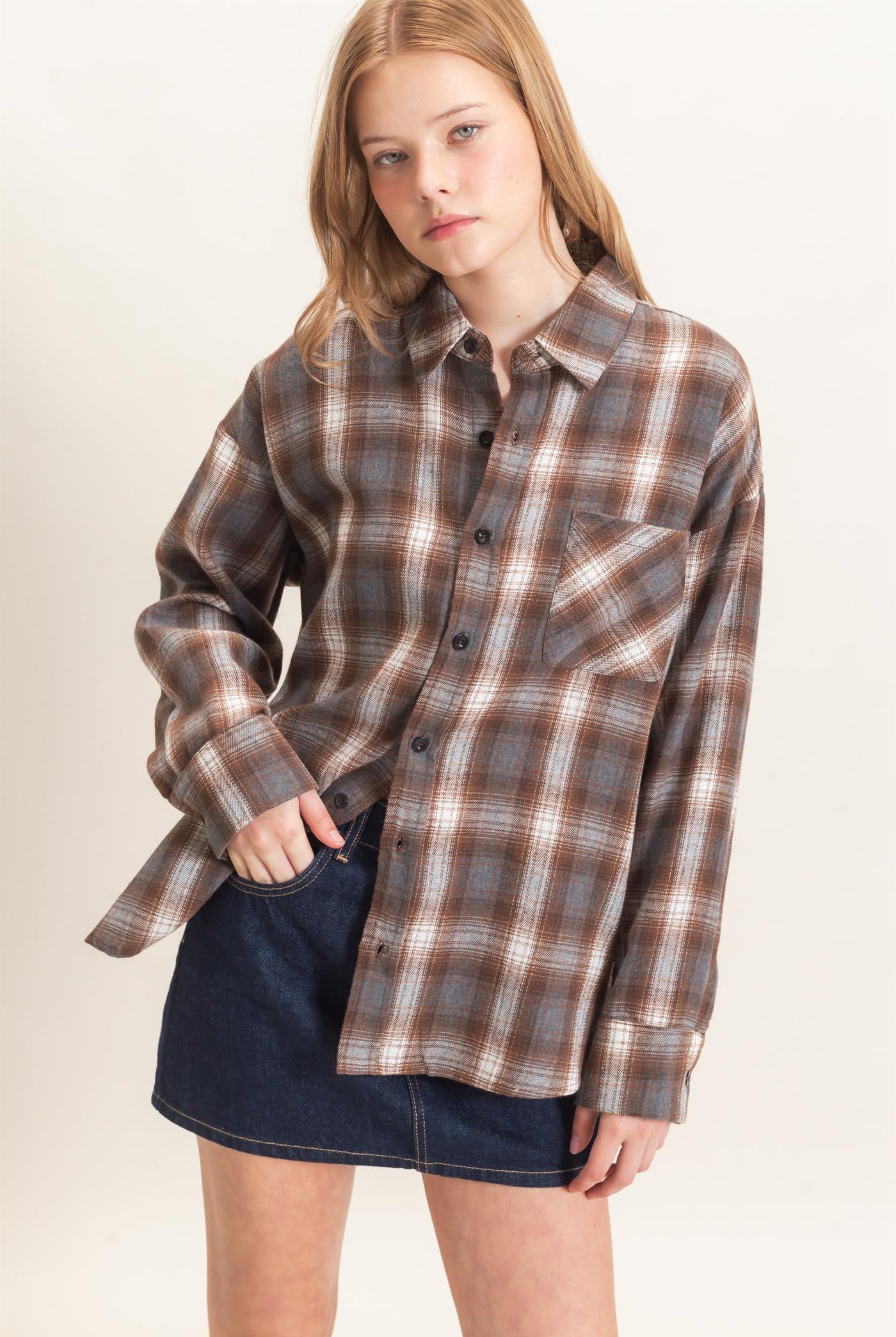 Wholesale Plaid Button-Up Shirt Clothing Tops HF26F017 BROWN HYFVE