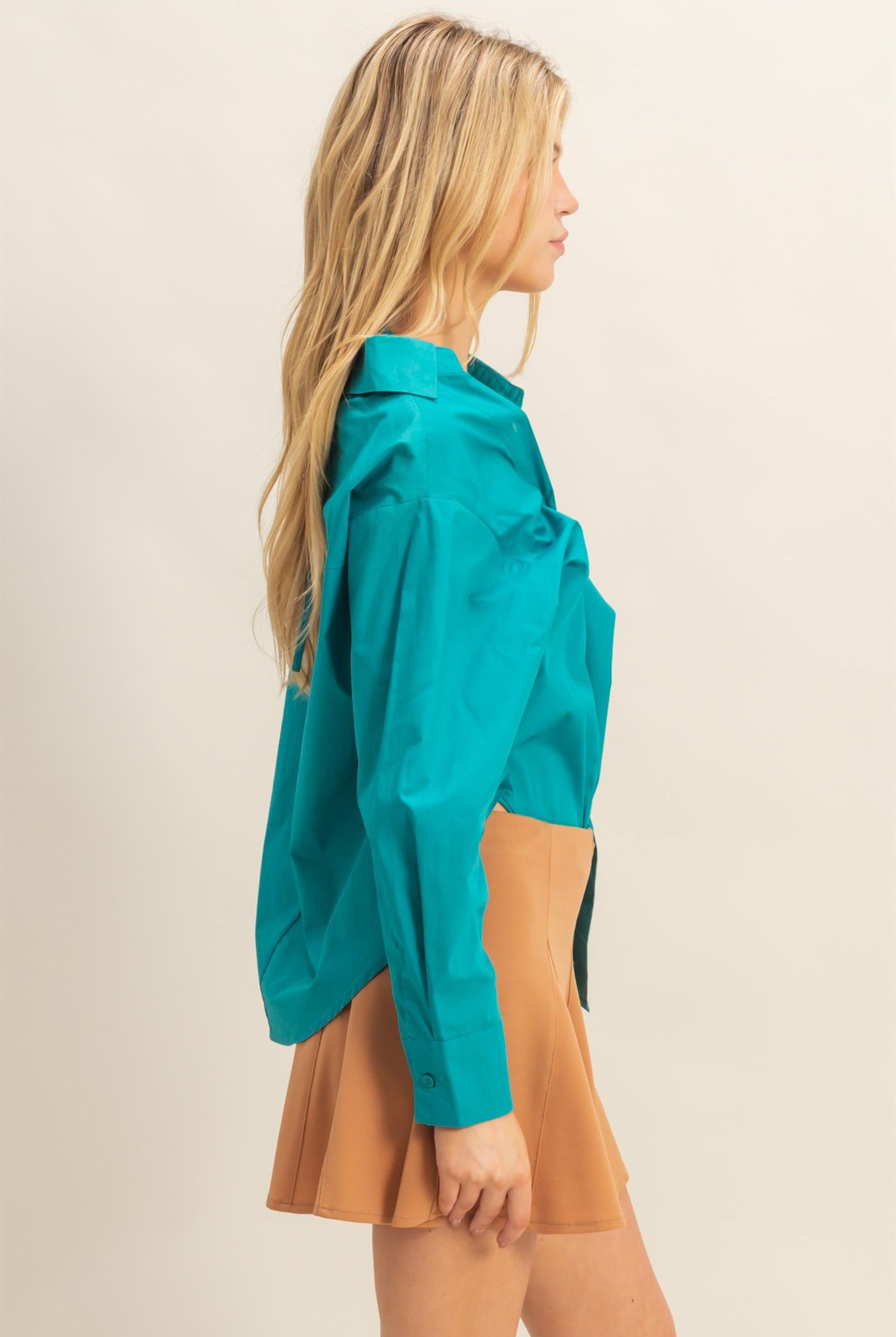 Wholesale Off-The-Shoulder Asymmetrcal Button-Up Shirt Clothing Tops HF22G139 TEAL HYFVE