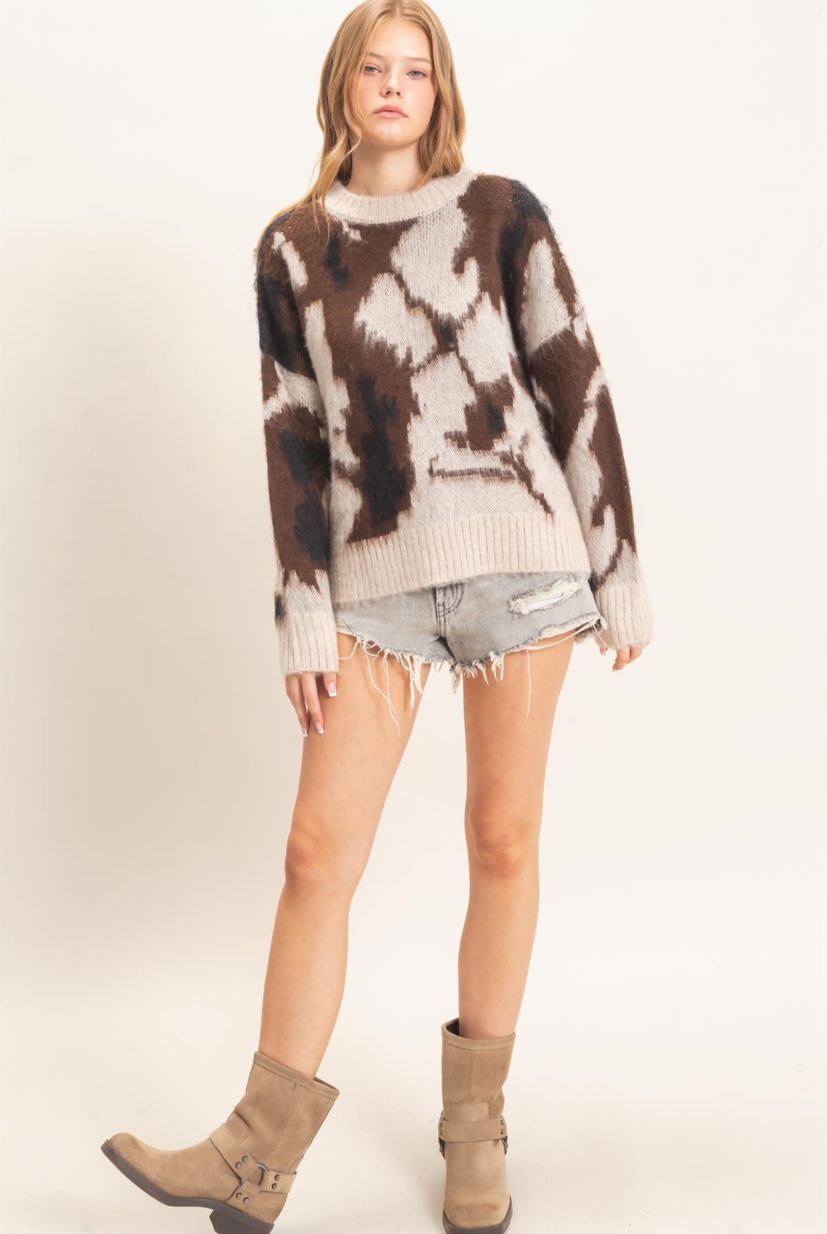 Wholesale Abstract Jacquard Mock Neck Sweater Sweaters HF26E663 SAND HYFVE