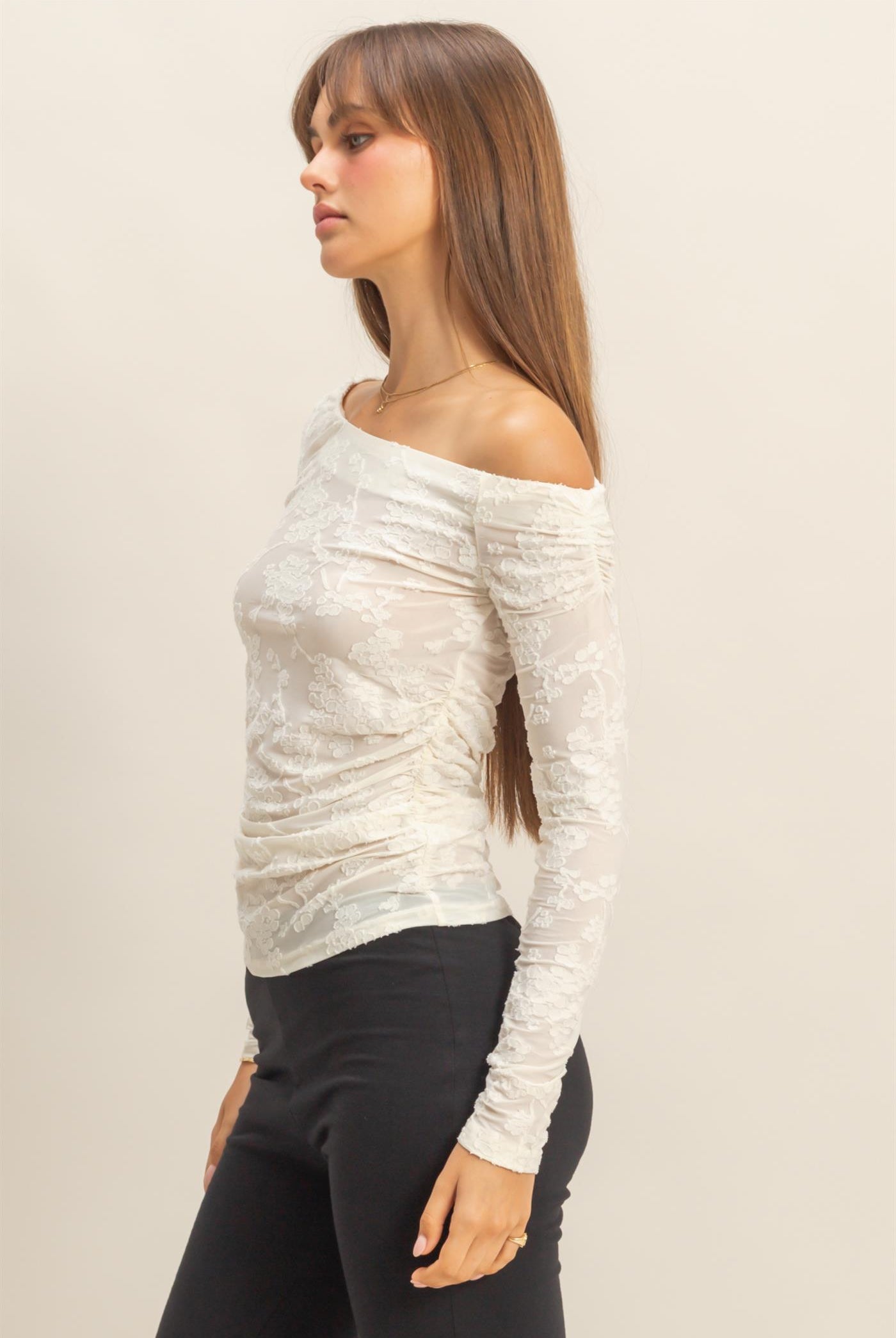 Wholesale Textured Mesh Off-Shoulder Top Blouses HF26F043 IVORY HYFVE