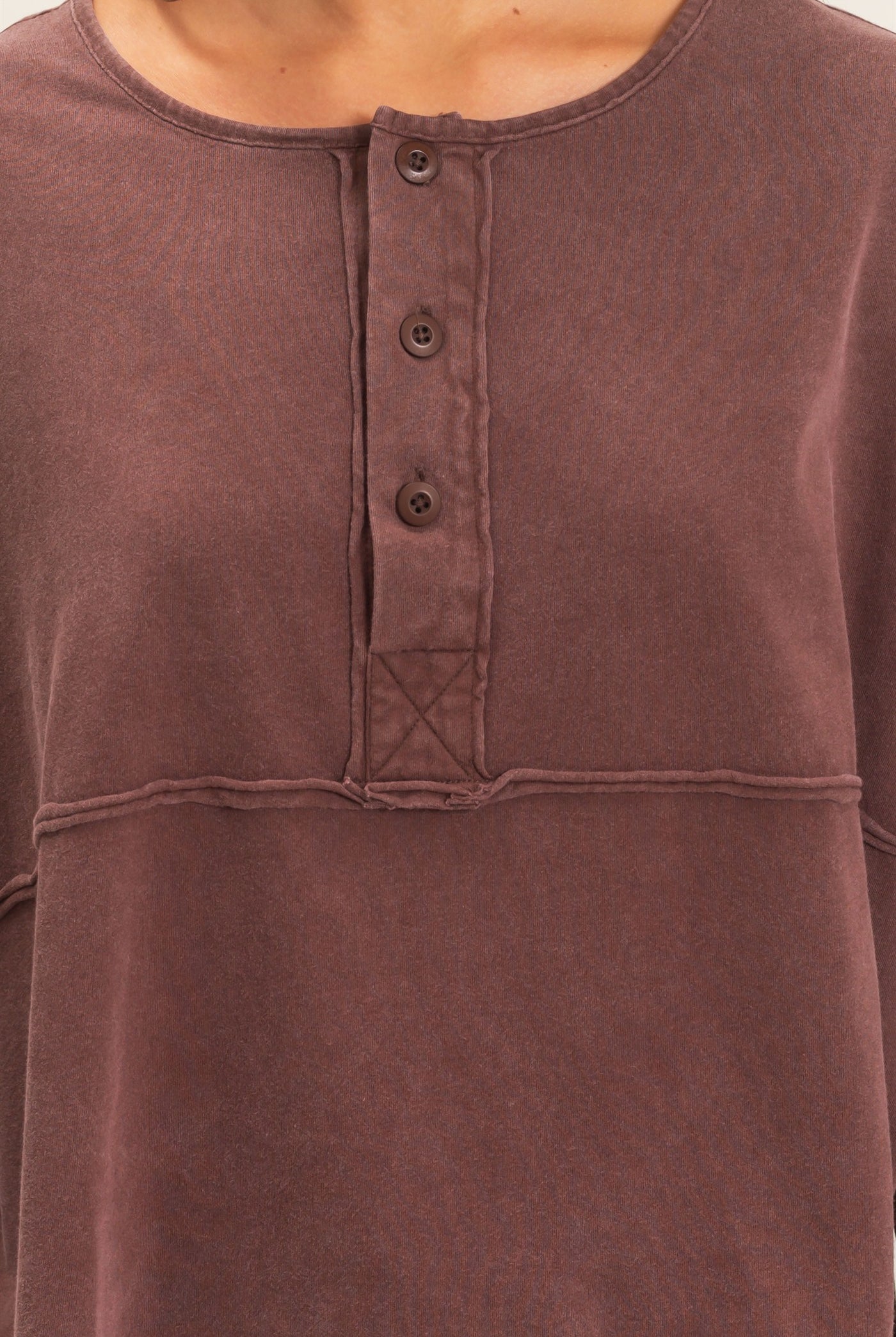 Wholesale Oversized Henley Top With Raw Edges Clothing Tops DZ26F128 DARK BROWN DOUBLE ZERO