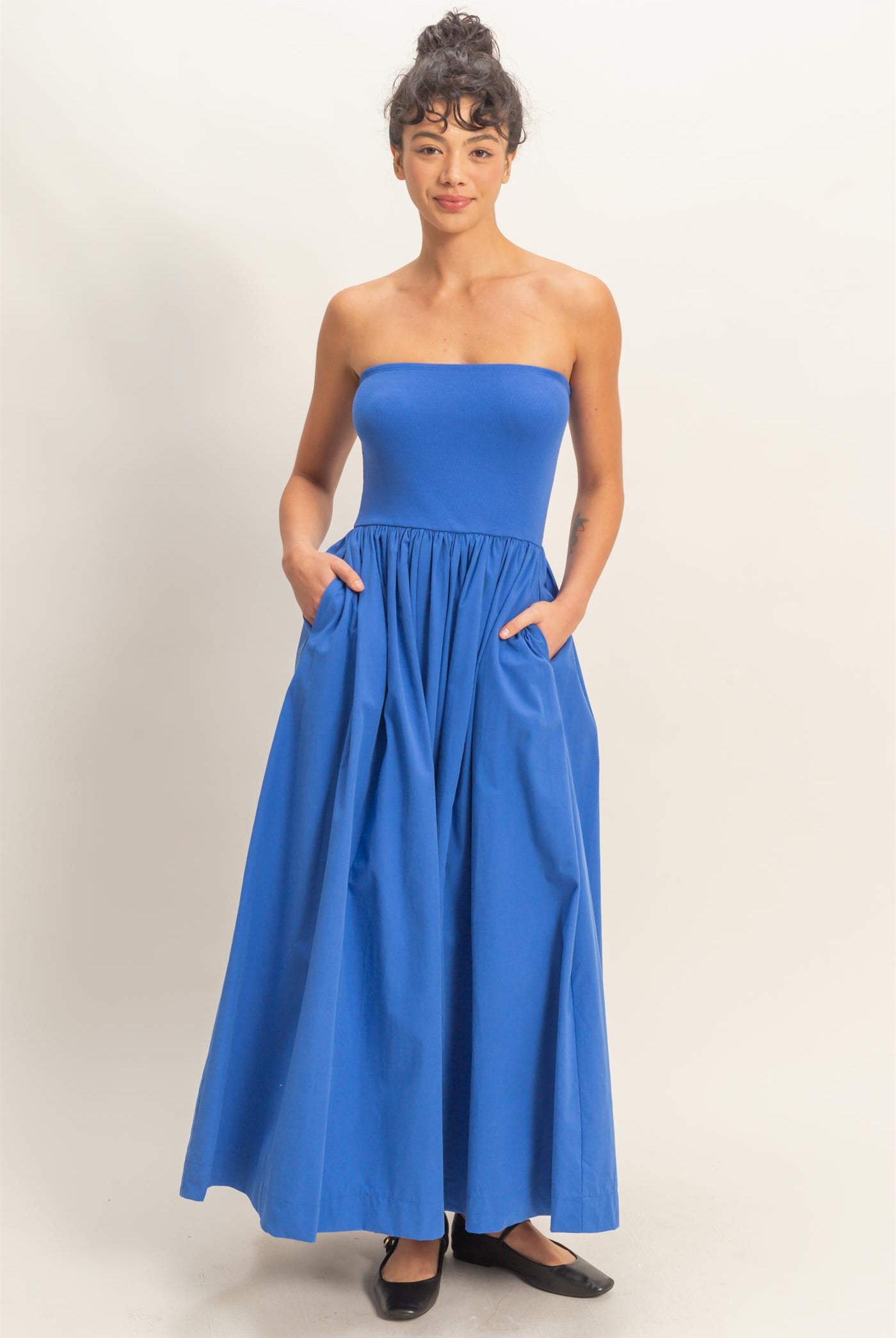 Wholesale Strapless Flowy Midi Dress Dresses DZ26A744 COBALT DOUBLE ZERO