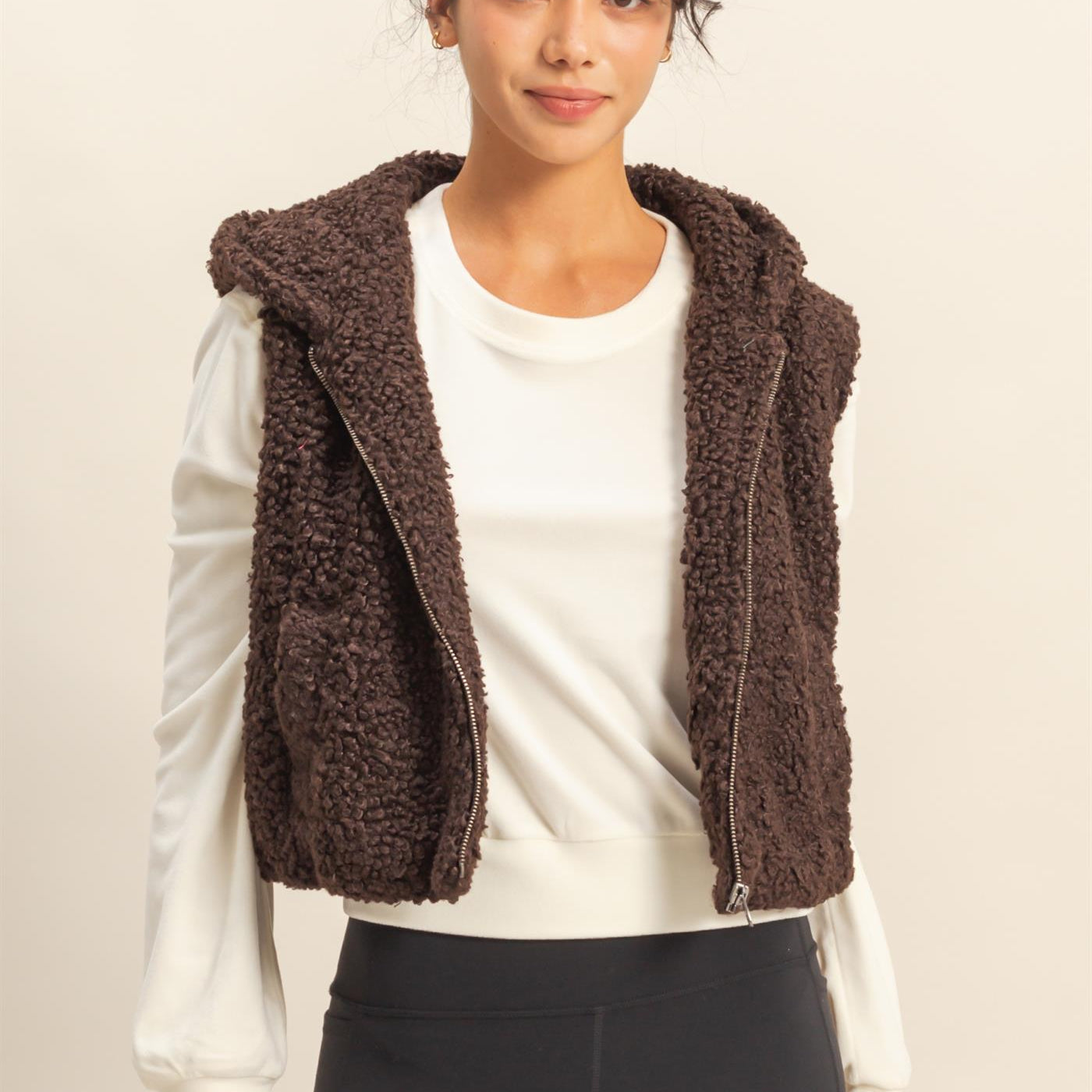 Wholesale Fluffy Full Zip Cropped Hooded Vest Vests DZ24A075 DARK CHOCOLATE DOUBLE ZERO