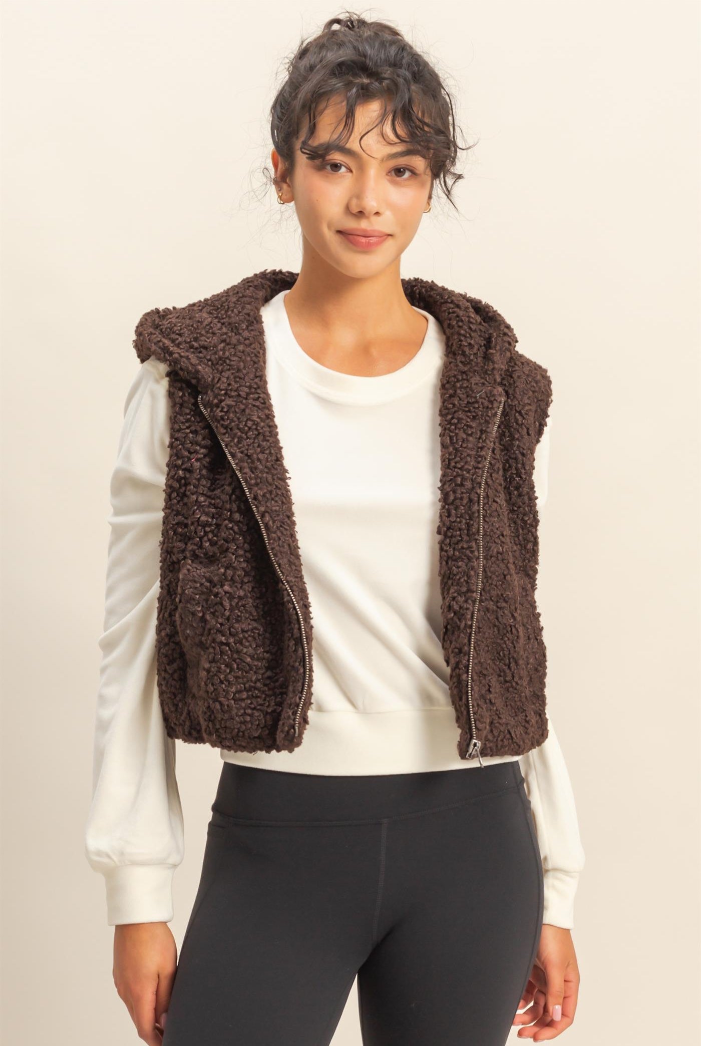 Wholesale Fluffy Full Zip Cropped Hooded Vest Vests DZ24A075 DARK CHOCOLATE DOUBLE ZERO