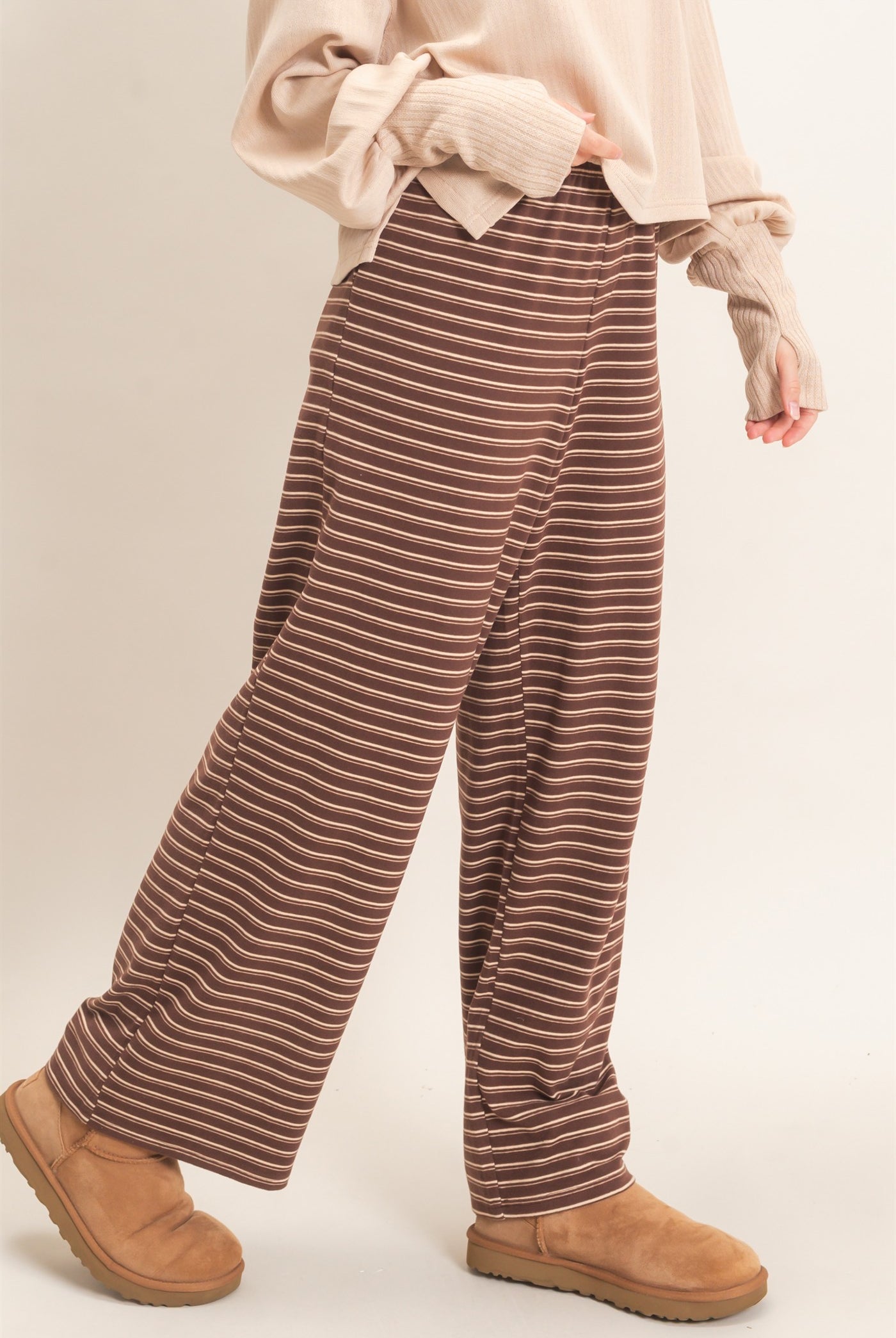 Wholesale Striped Elastic Waist Pants Pants HF26C677 BROWN HYFVE