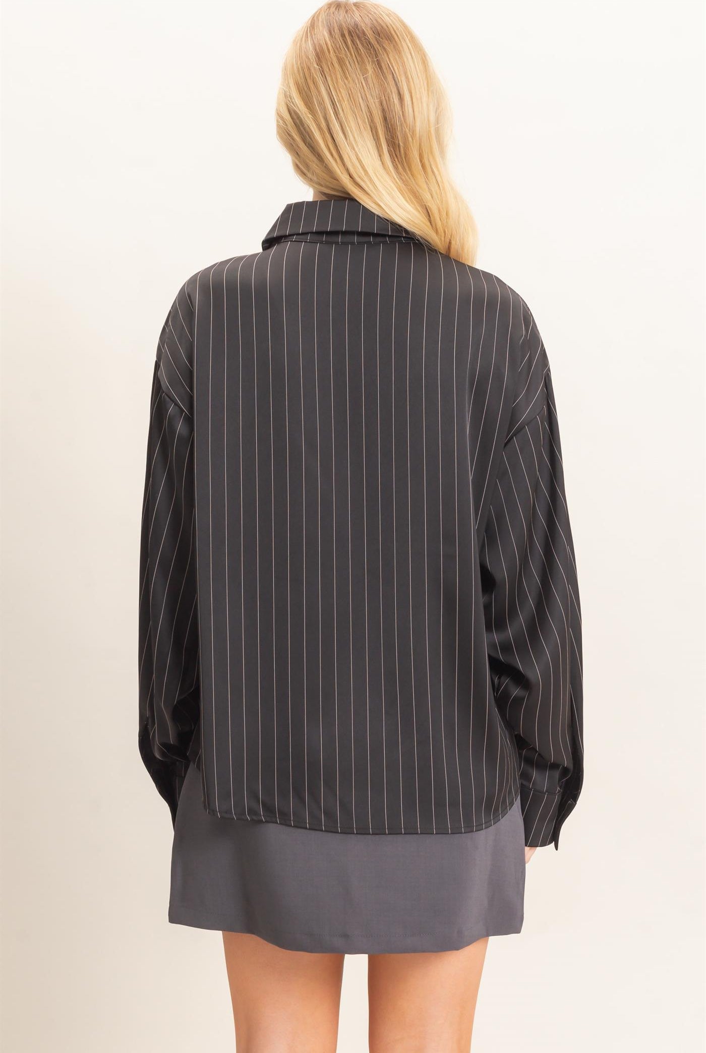Wholesale Striped Button-Up Blouse Blouses HF26C953 BLACK HYFVE