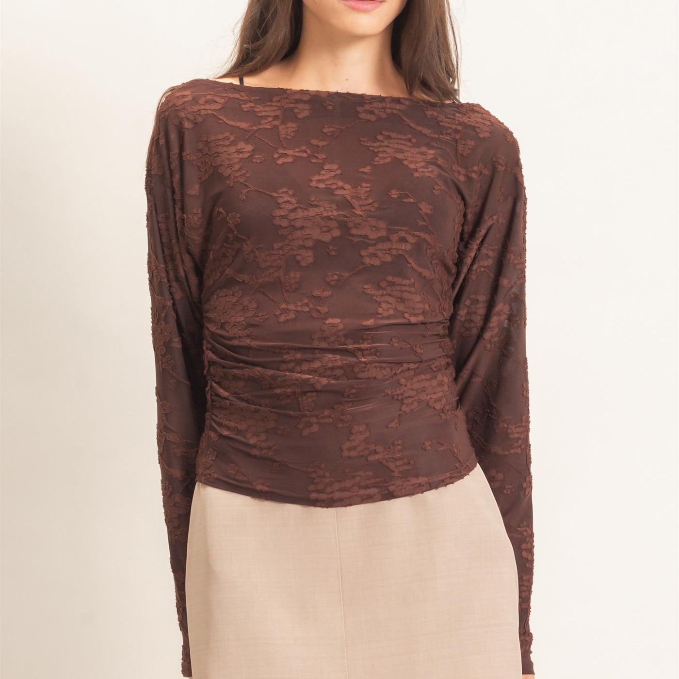 Wholesale Sheer Lace Boat Neck Top Blouses HF26E761 BROWN HYFVE