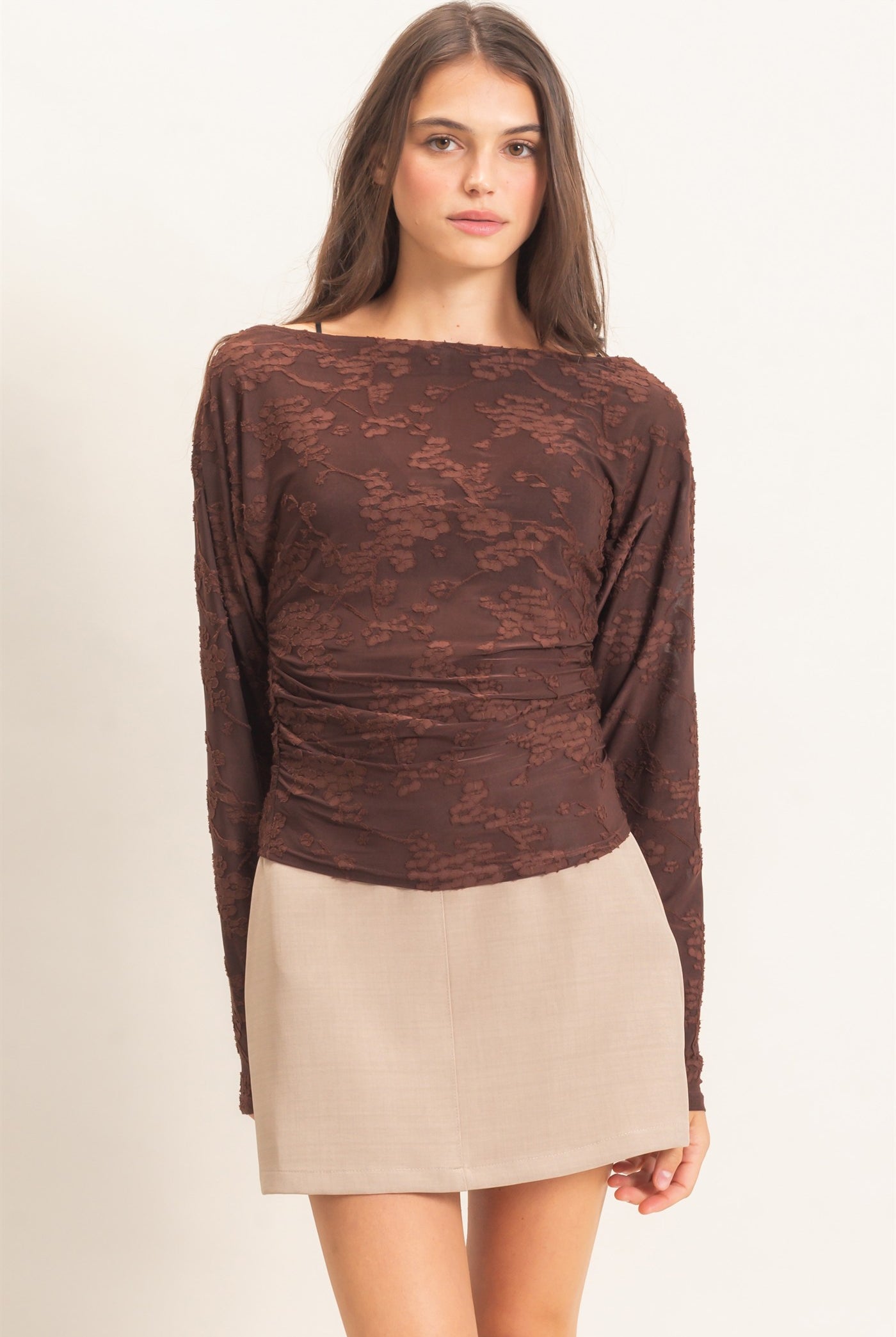 Wholesale Sheer Lace Boat Neck Top Blouses HF26E761 BROWN HYFVE