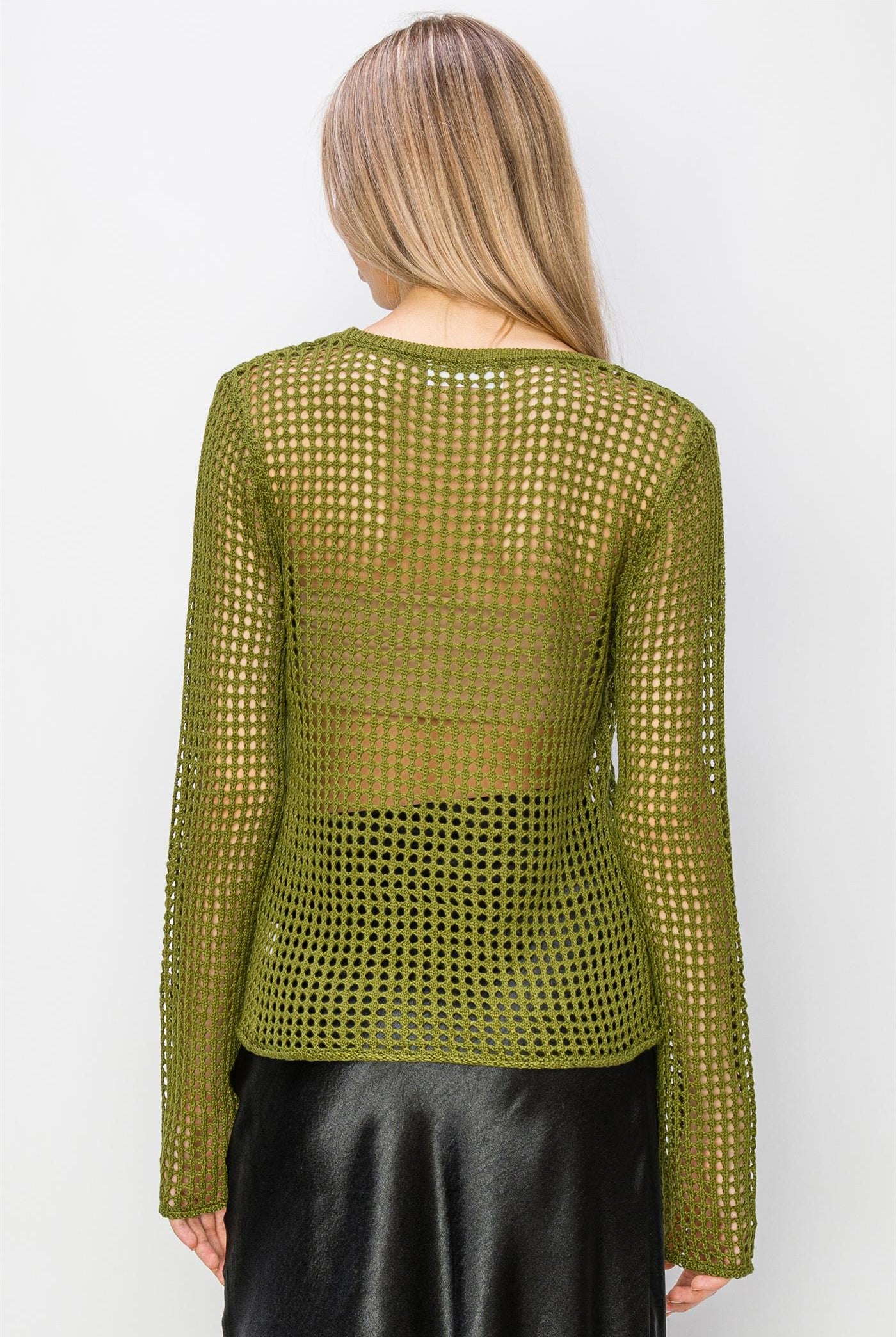 Wholesale Open Knit Long Sleeve Sweater Clothing Tops DZ24C031 MOSS DOUBLE ZERO