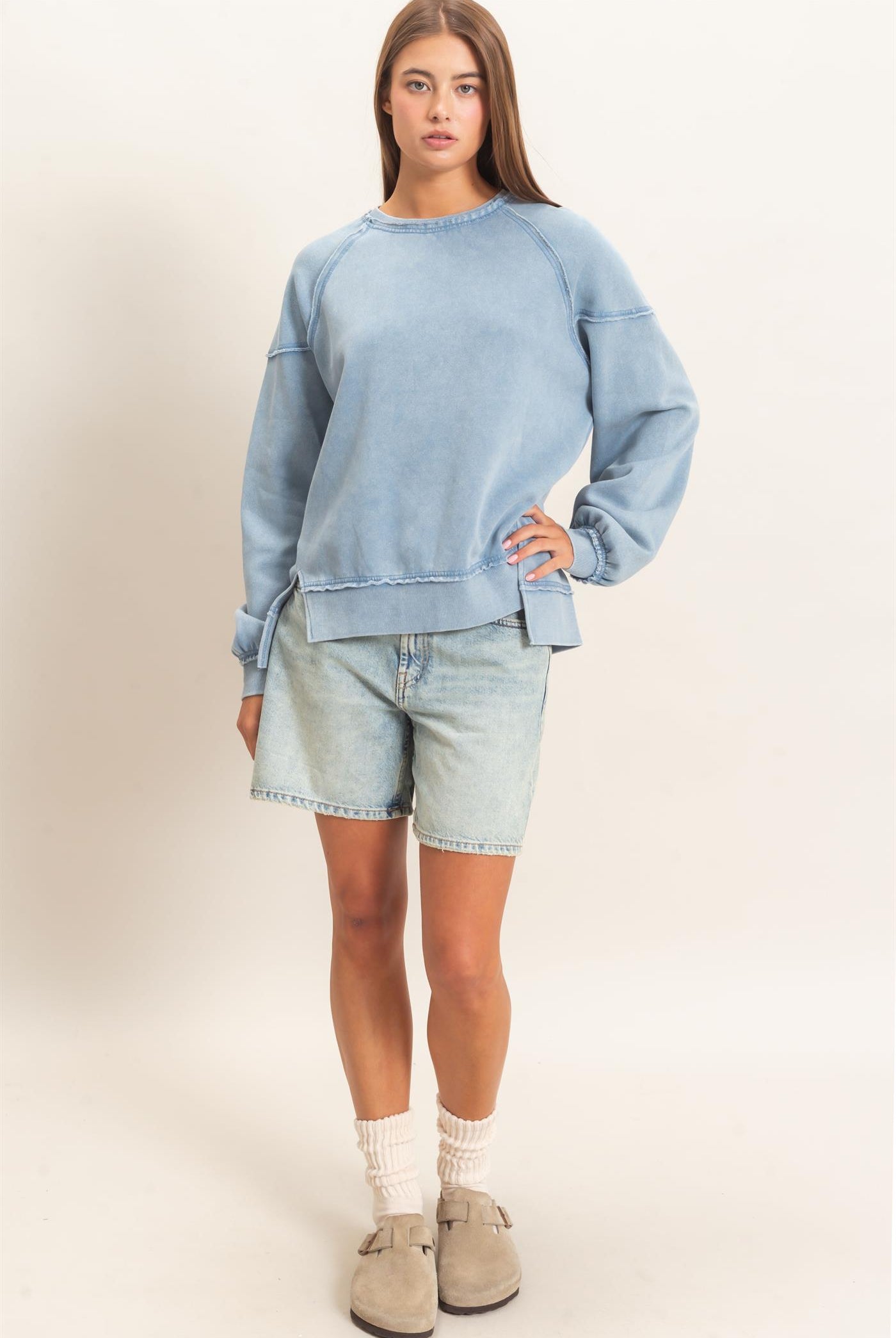 Wholesale Acid Wash Raw Edge Sweatshirt Sweatshirts DZ26C910 DUSTY BLUE DOUBLE ZERO