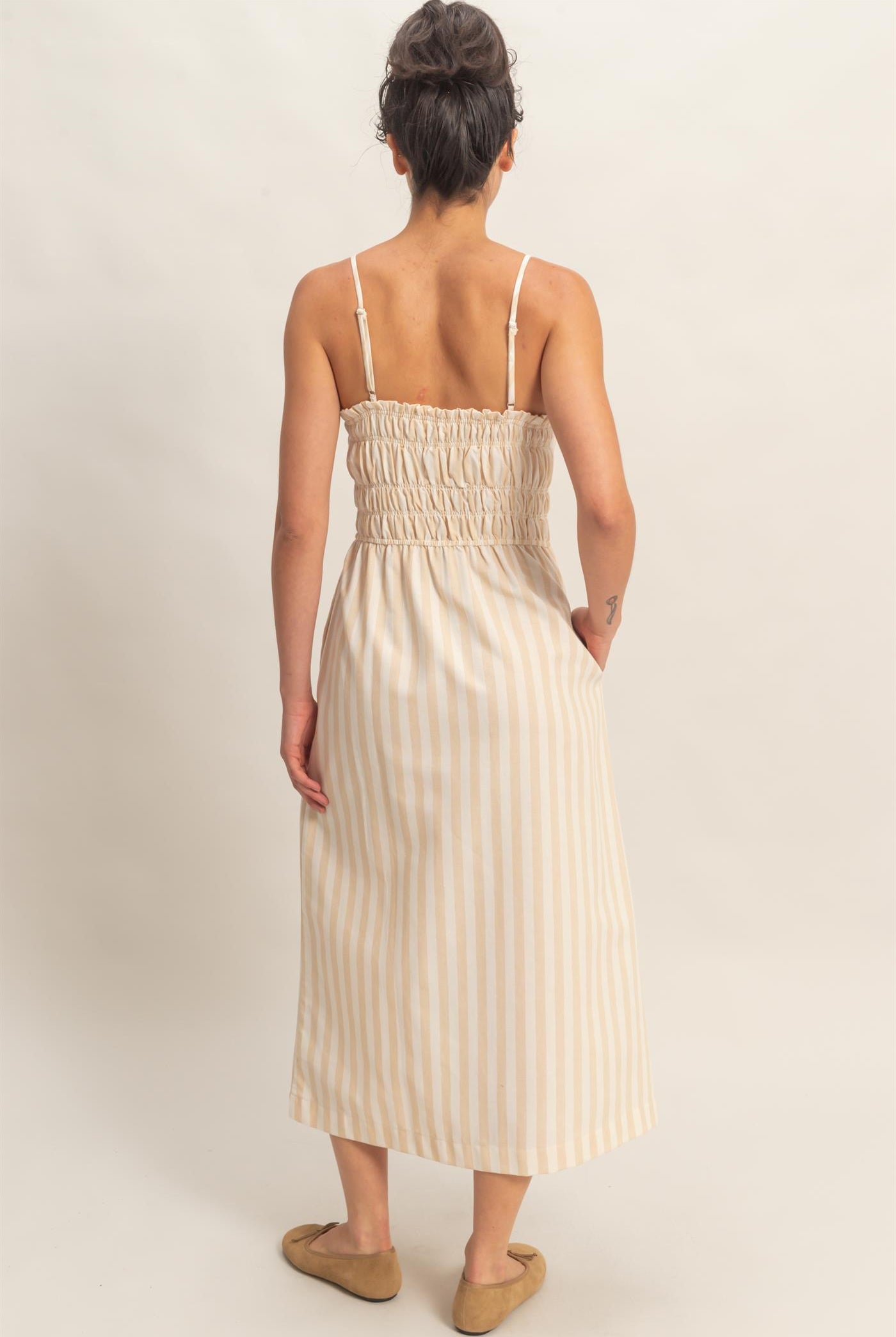 Wholesale Striped Spaghetti Strap Smocking Midi Dress Dresses DZ26C191 TAUPE DOUBLE ZERO