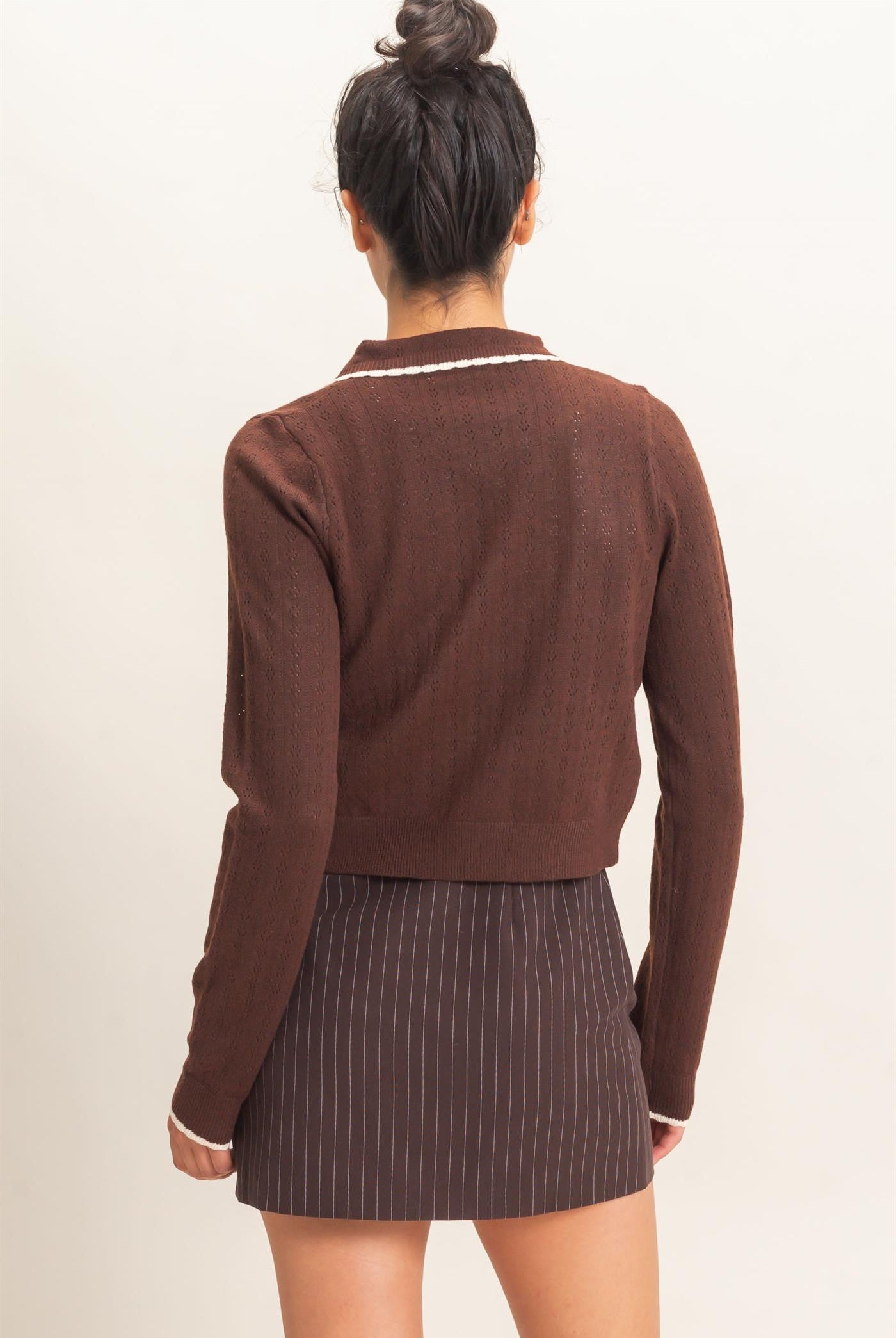 Wholesale Collared Pointelle Knit Cardigan Sweaters DZ26E101 DARK BROWN DOUBLE ZERO