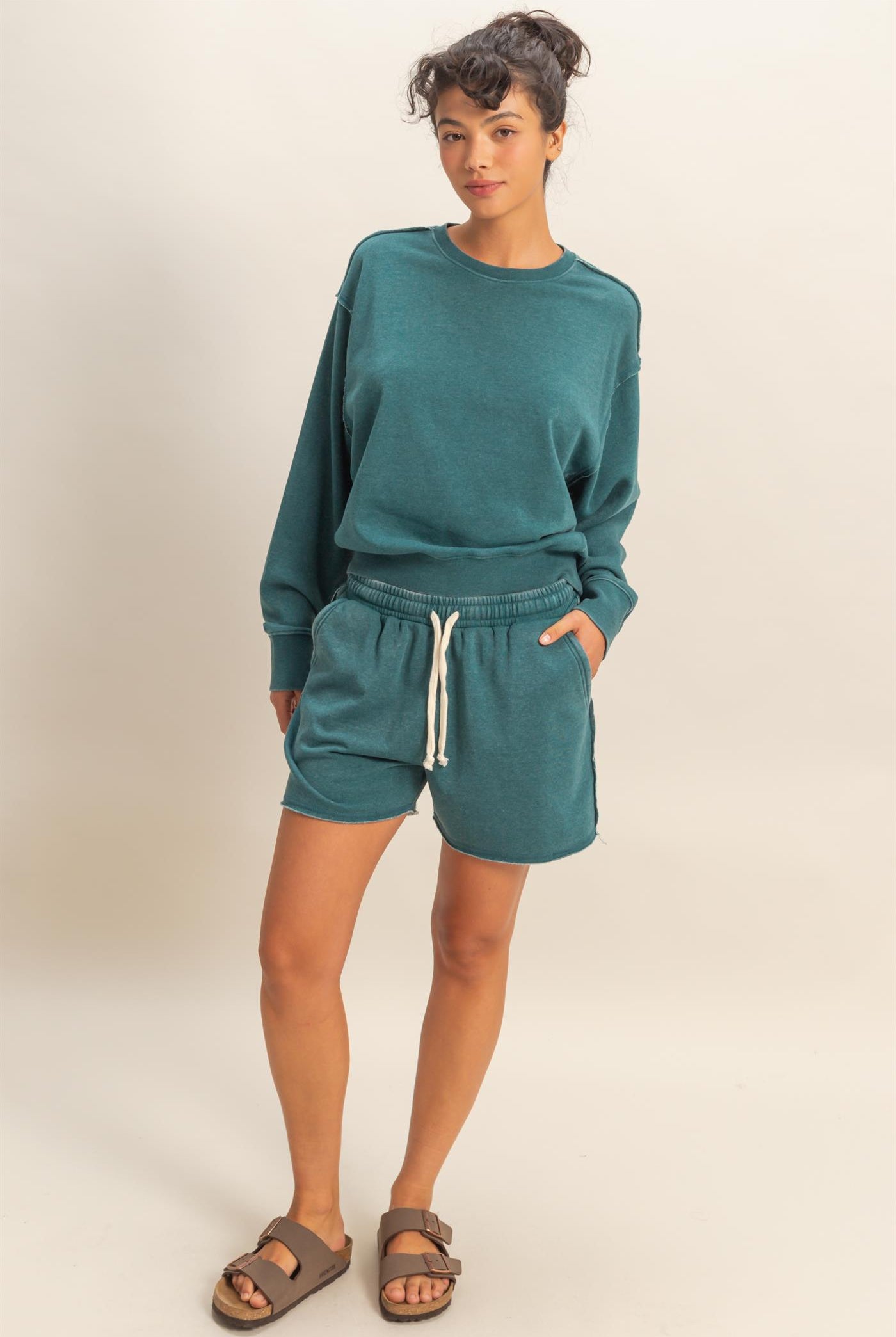 Wholesale Drawstring Burnout French Terry Shorts Shorts DZ26A328 DARK TEAL DOUBLE ZERO