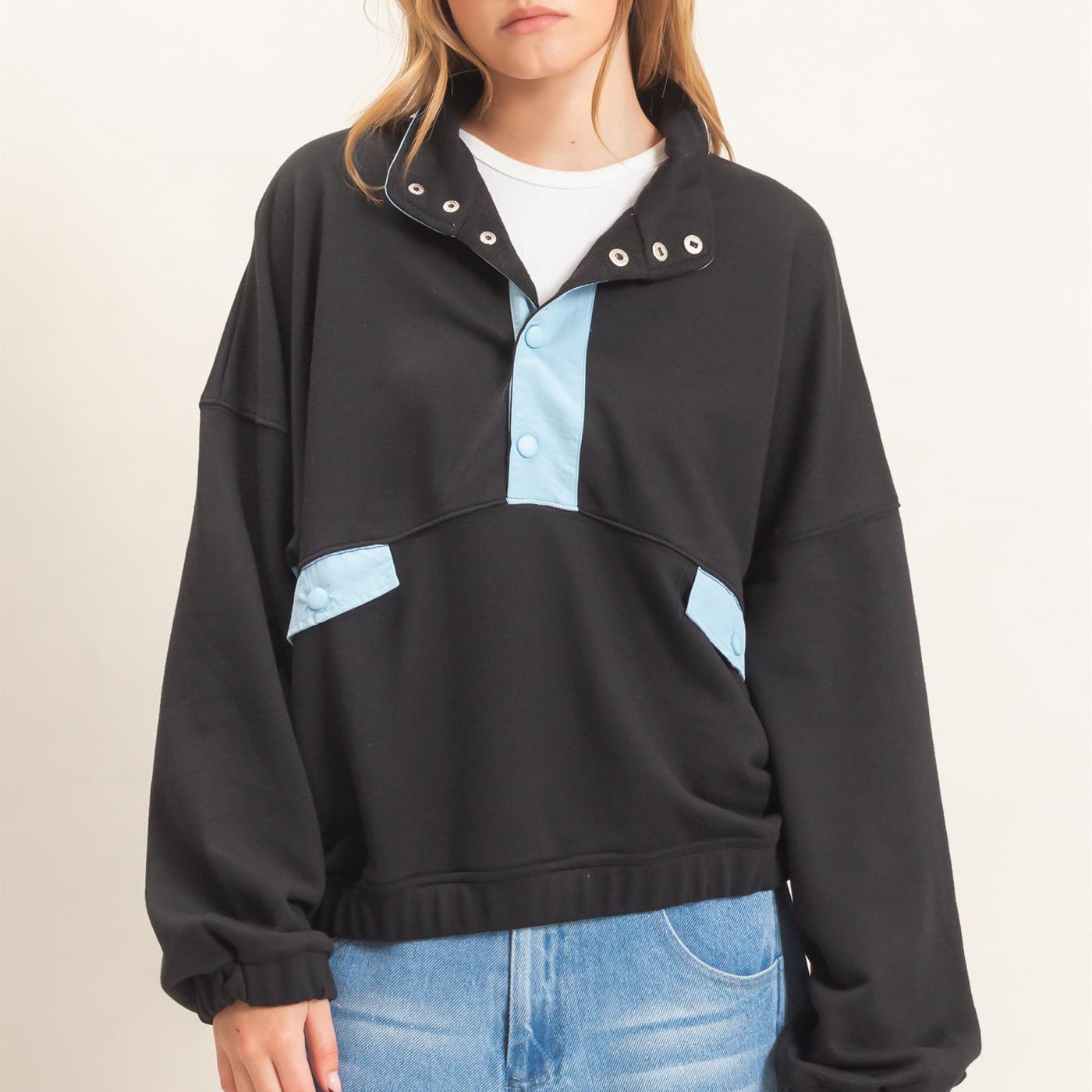 Wholesale Contrast Button-Up Collar Top Clothing Tops HF26C875 BLACK HYFVE