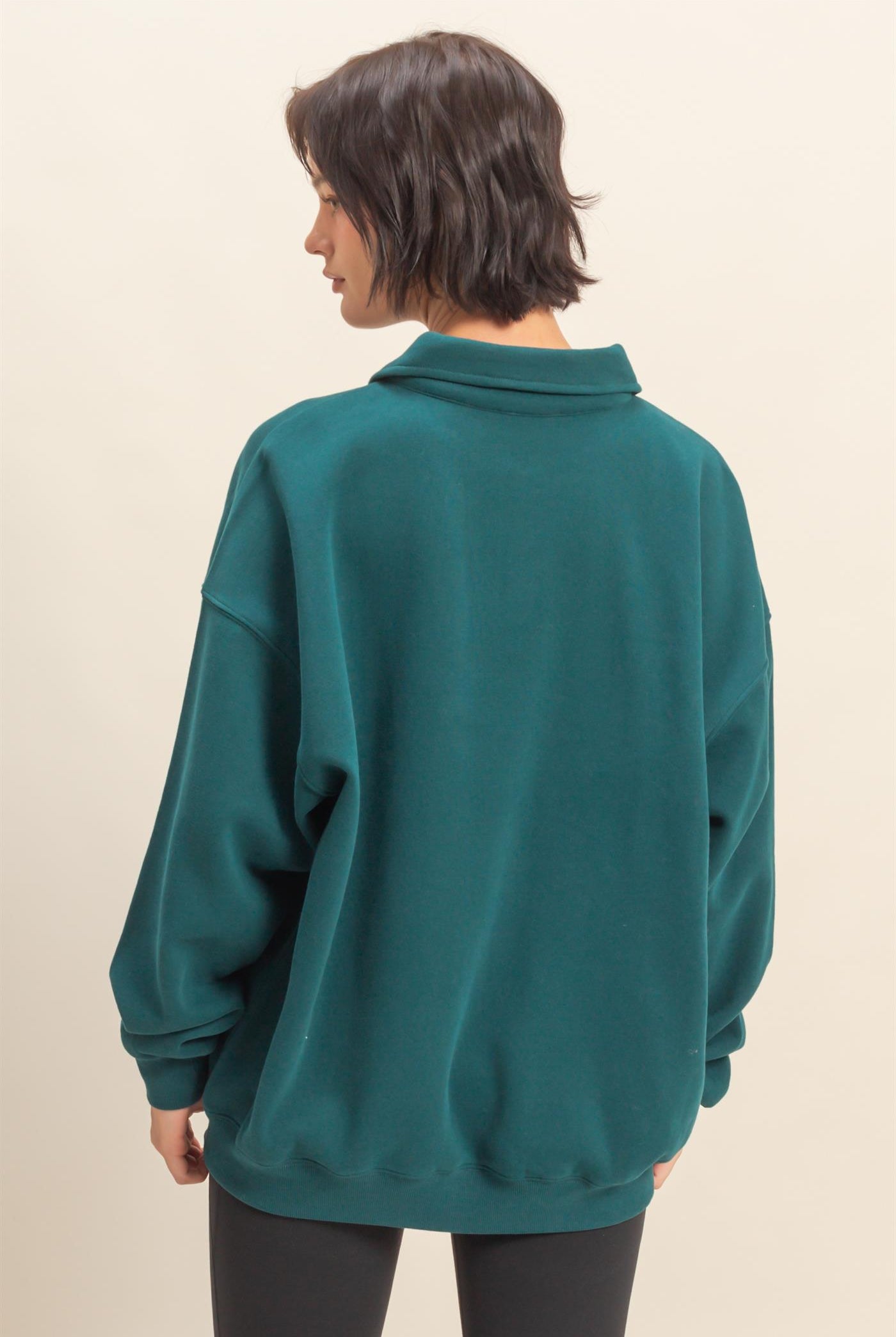 Wholesale Oversized Polo Collared Pullover Sweatshirts DZ25F074 DEEP GREEN DOUBLE ZERO