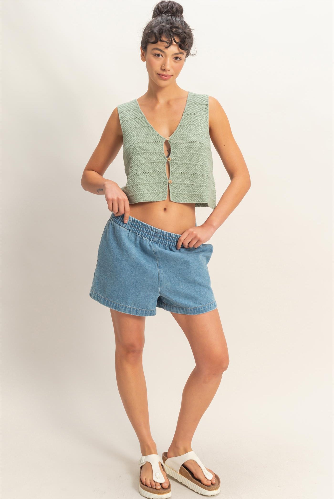 Wholesale Elastic Waist Mineral Wash Denim Shorts Shorts DZ26C195 MEDIUM BLUE DOUBLE ZERO