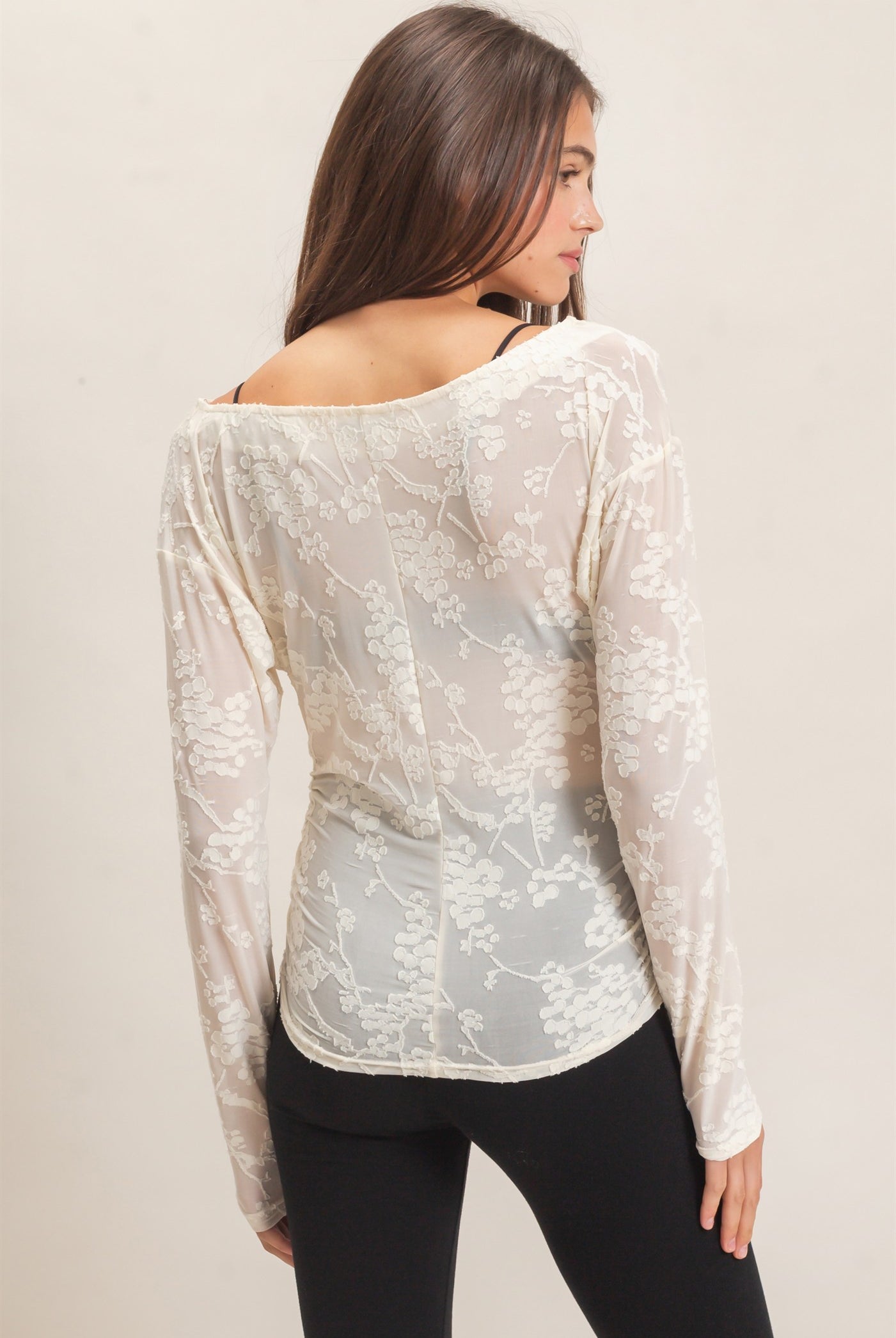 Wholesale Sheer Lace Boat Neck Top Blouses HF26E761 IVORY HYFVE