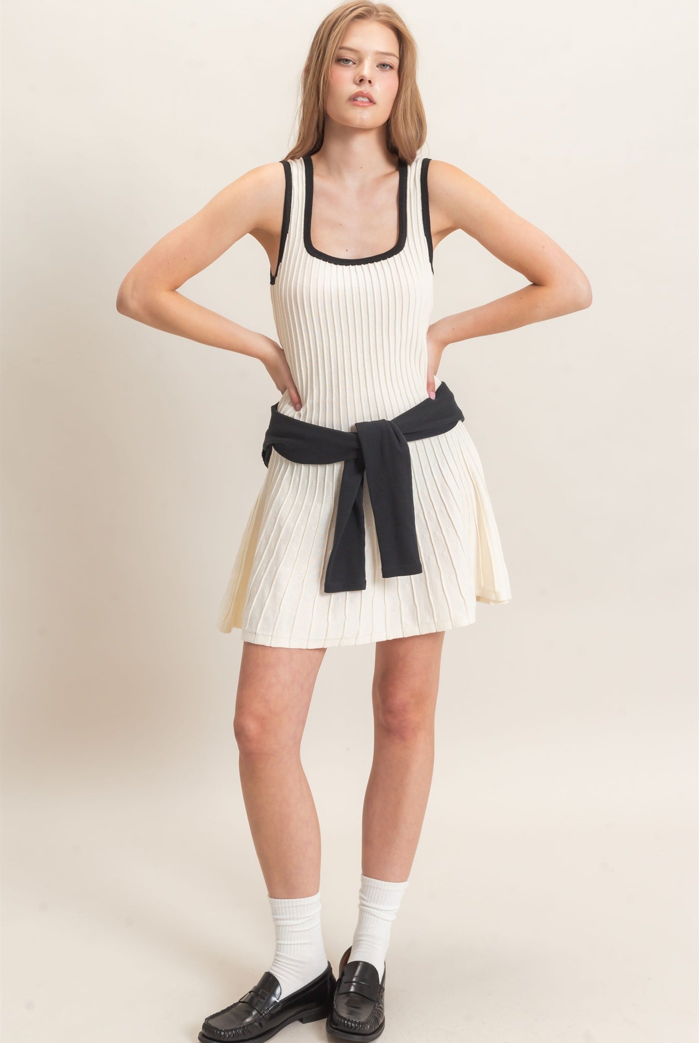 Wholesale Ribbed Square Neck Mini Dress Dresses HF26F213 CREAM HYFVE