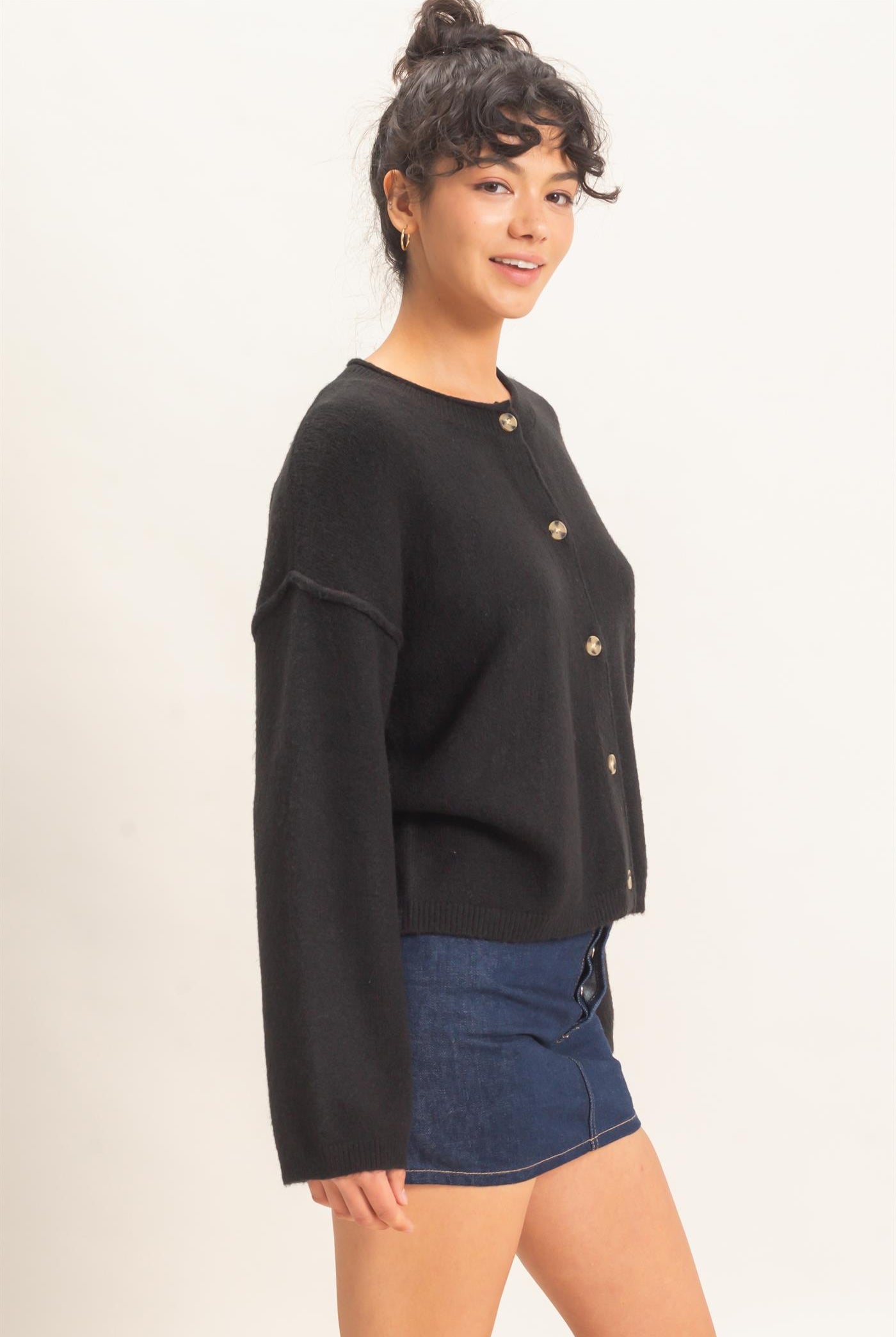 Wholesale Crew Neck Loose Fit Cardigan Cardigans DZ26E269 BLACK DOUBLE ZERO