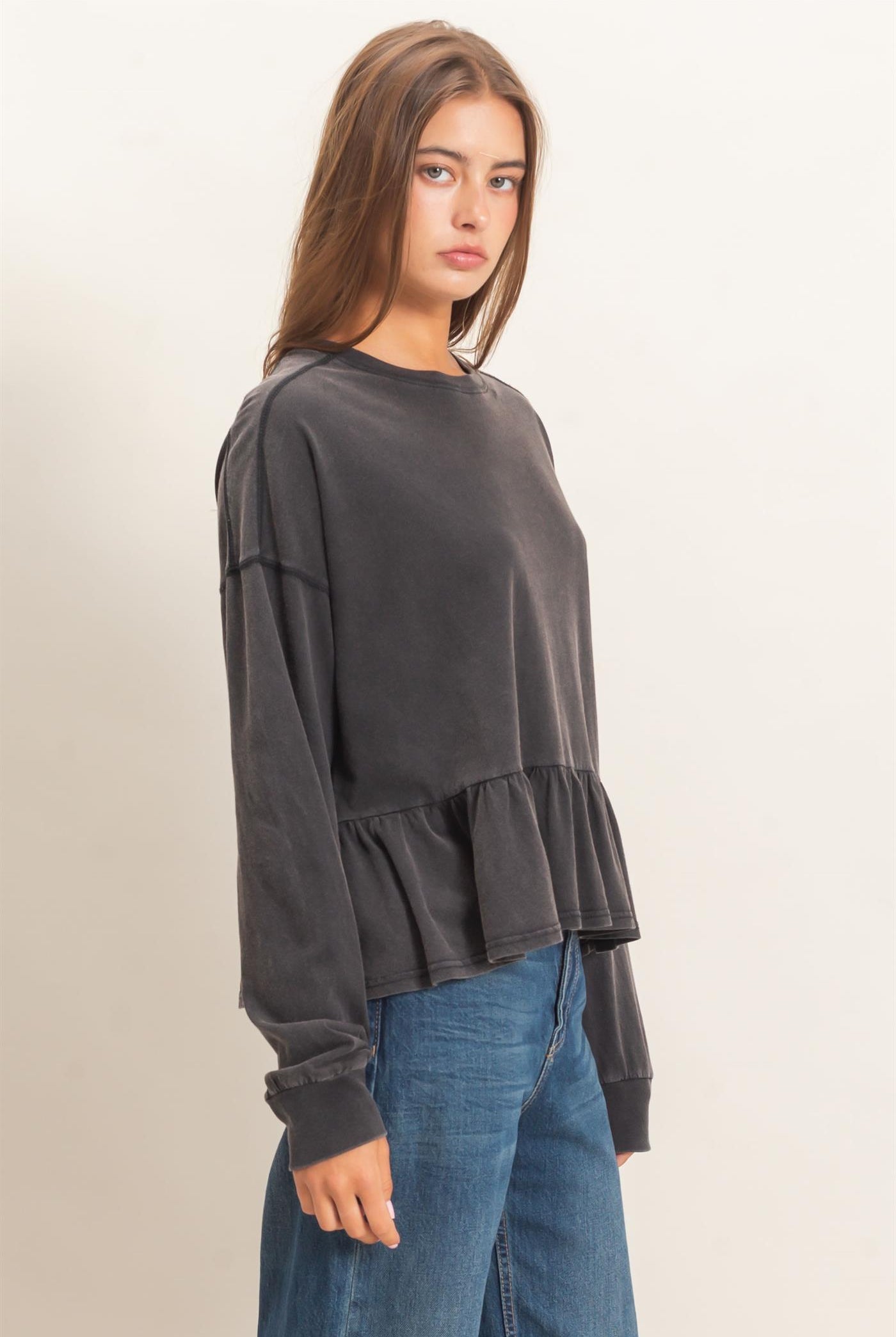 Wholesale Peplum Long Sleeve Top Clothing Tops DZ26F397 BLACK DOUBLE ZERO