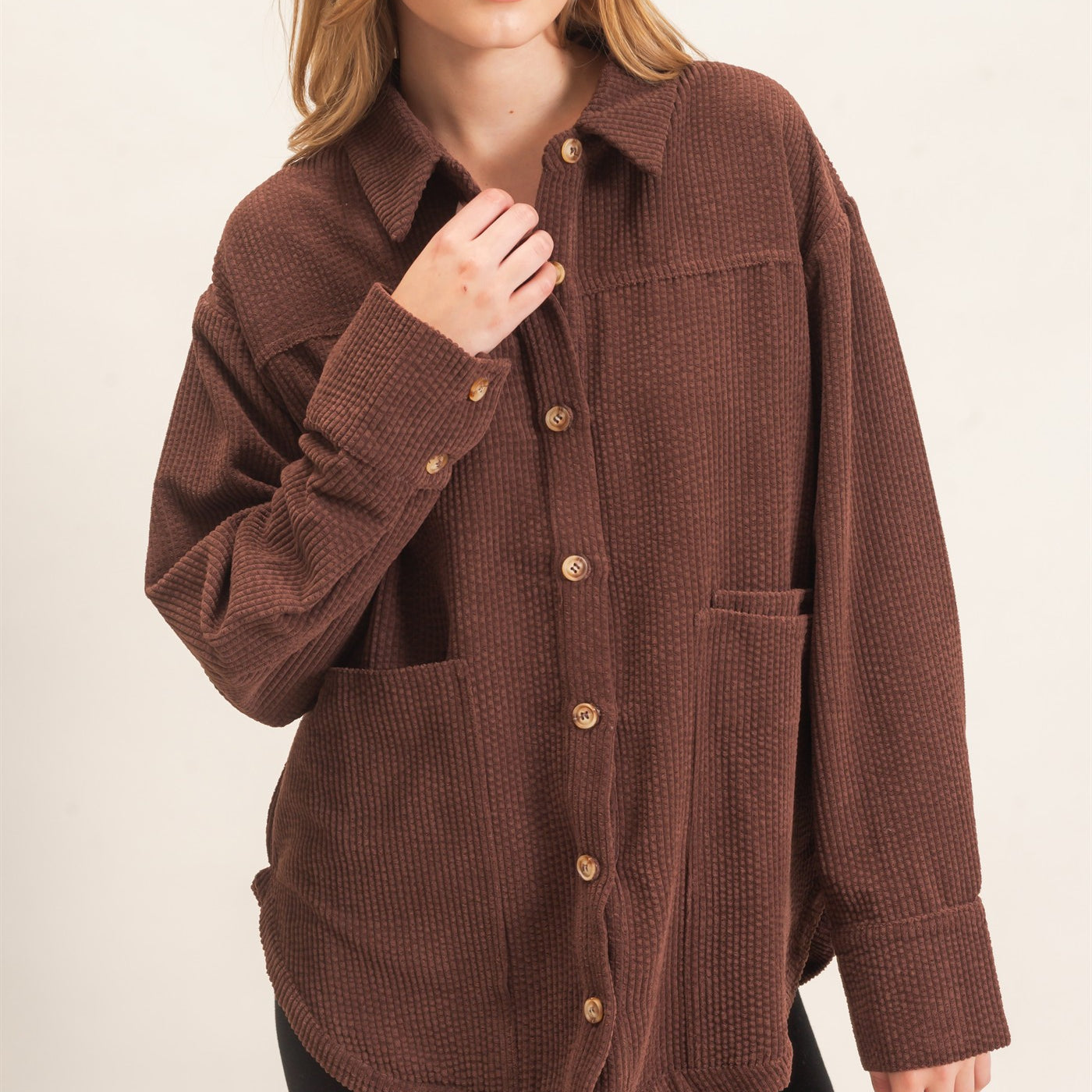 Wholesale Corduroy Button-Up Shirt Outerwear HF26F163 CHOCOLATE HYFVE