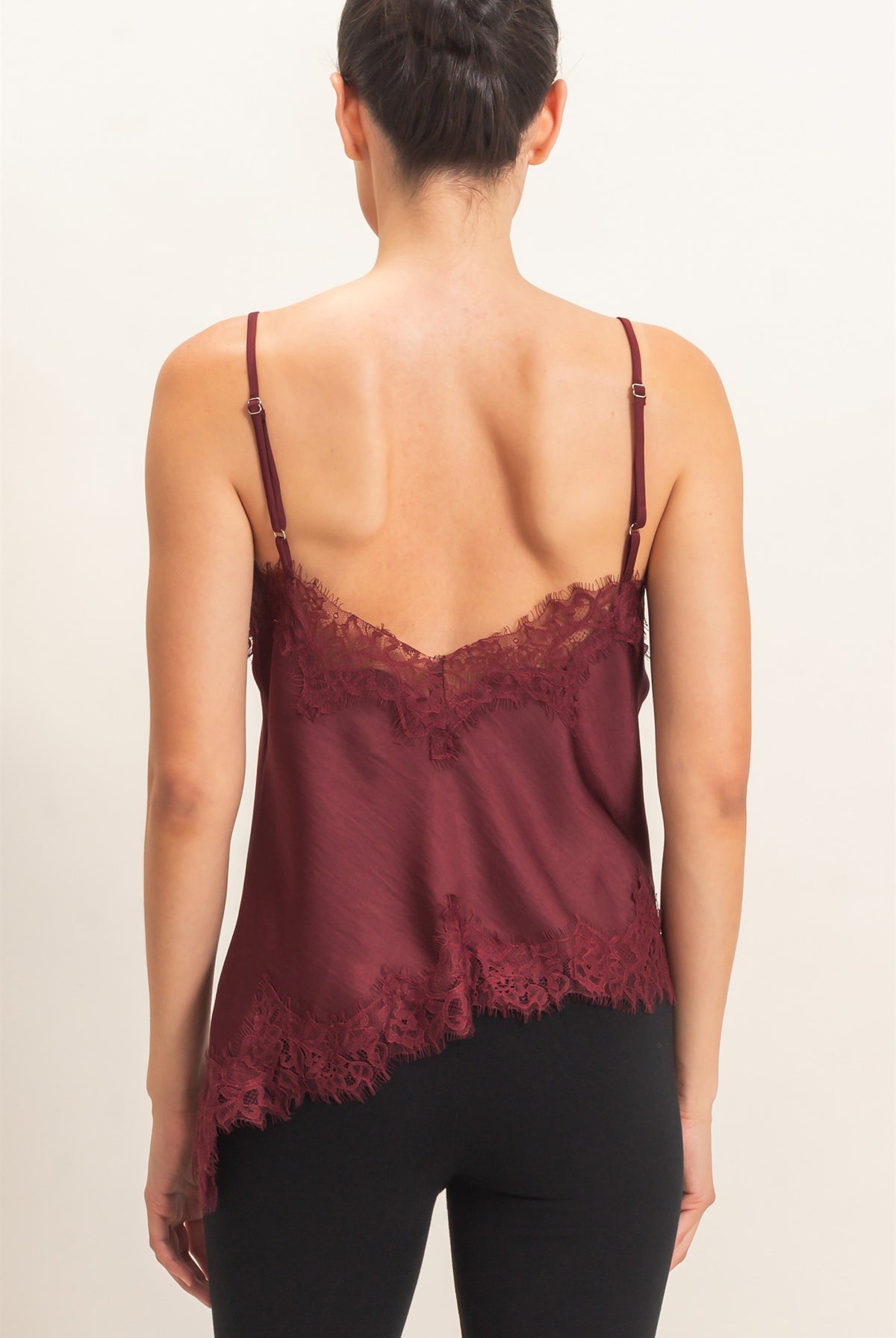 Wholesale Asymmetrical Satin Lace Top Camisoles HF26C945-D BURGUNDY HYFVE