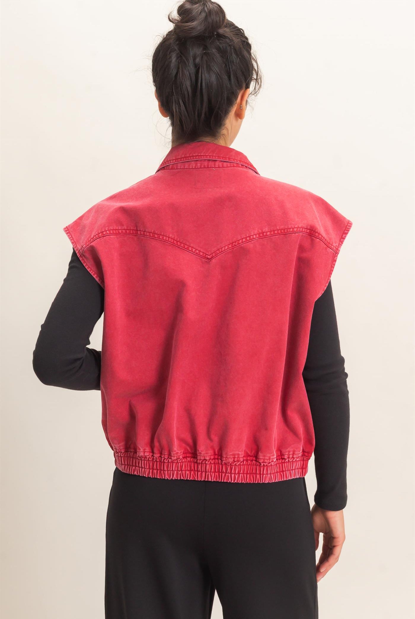 Wholesale Mineral Wash Sleeveless Zip-Up Collar Vest Vests DZ26E392 DARK RED DOUBLE ZERO
