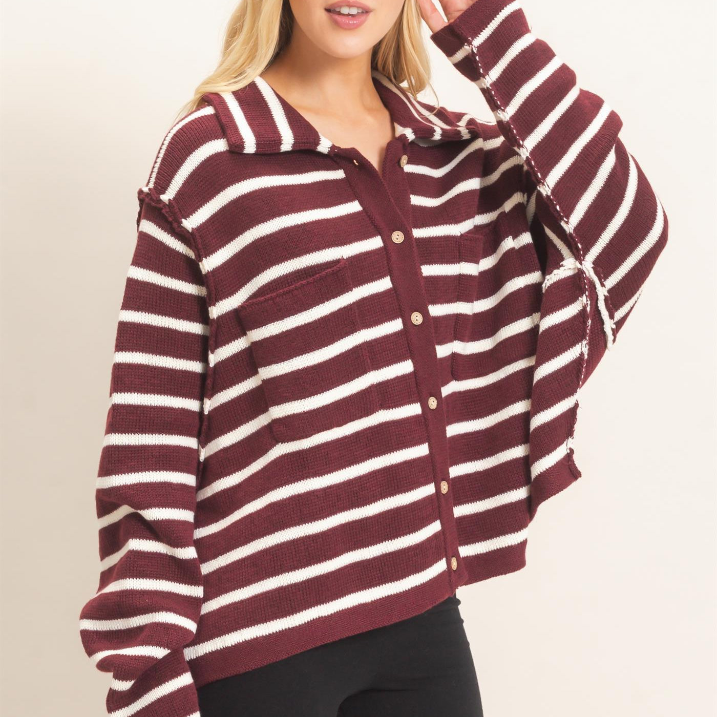 Wholesale Striped Button Front Cardigan Sweaters HF26F197 WINE HYFVE