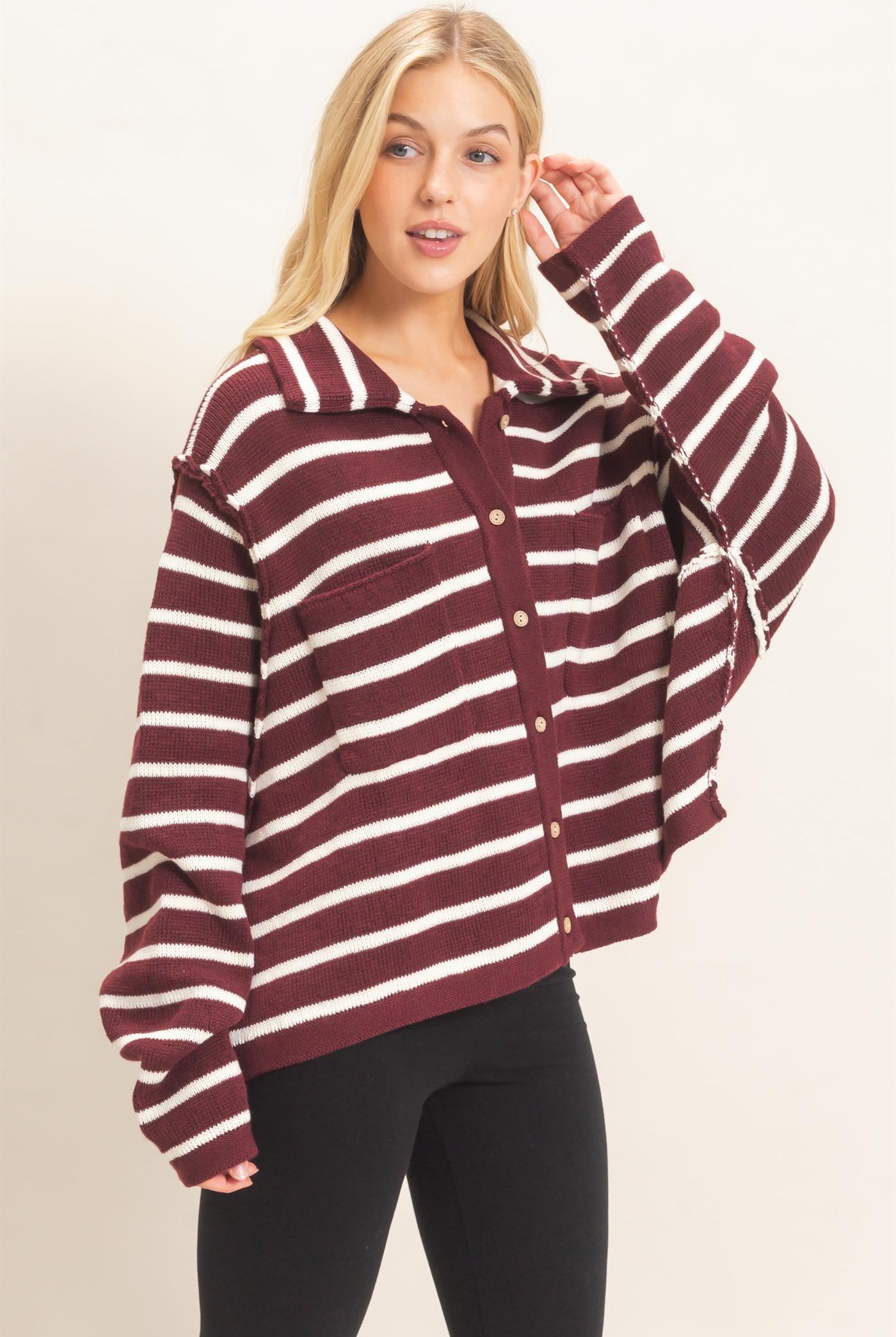 Wholesale Striped Button Front Cardigan Sweaters HF26F197 WINE HYFVE