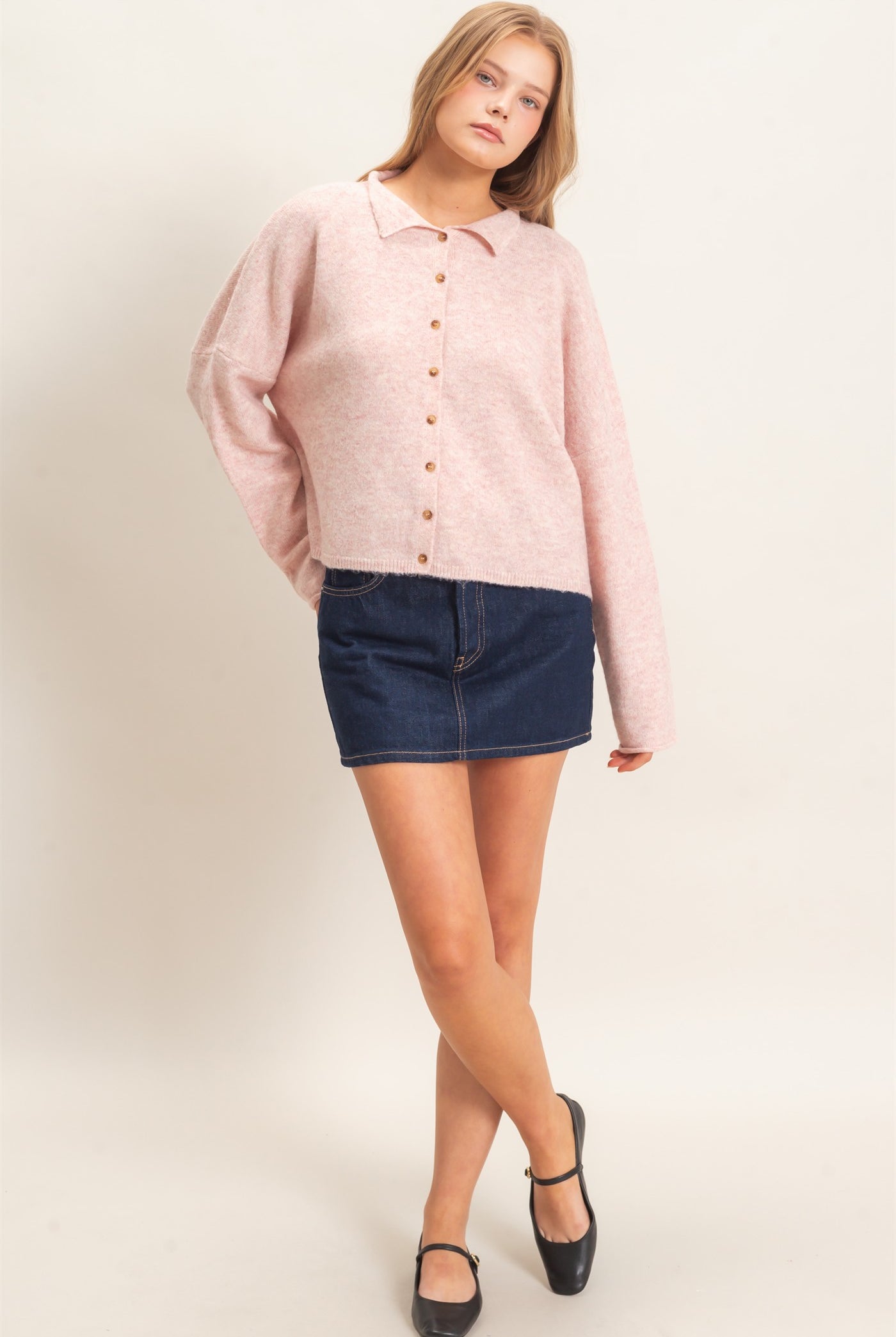 Wholesale Button-Up Collared Sweater Cardigan Cardigans HF26E039 LIGHT PINK HYFVE