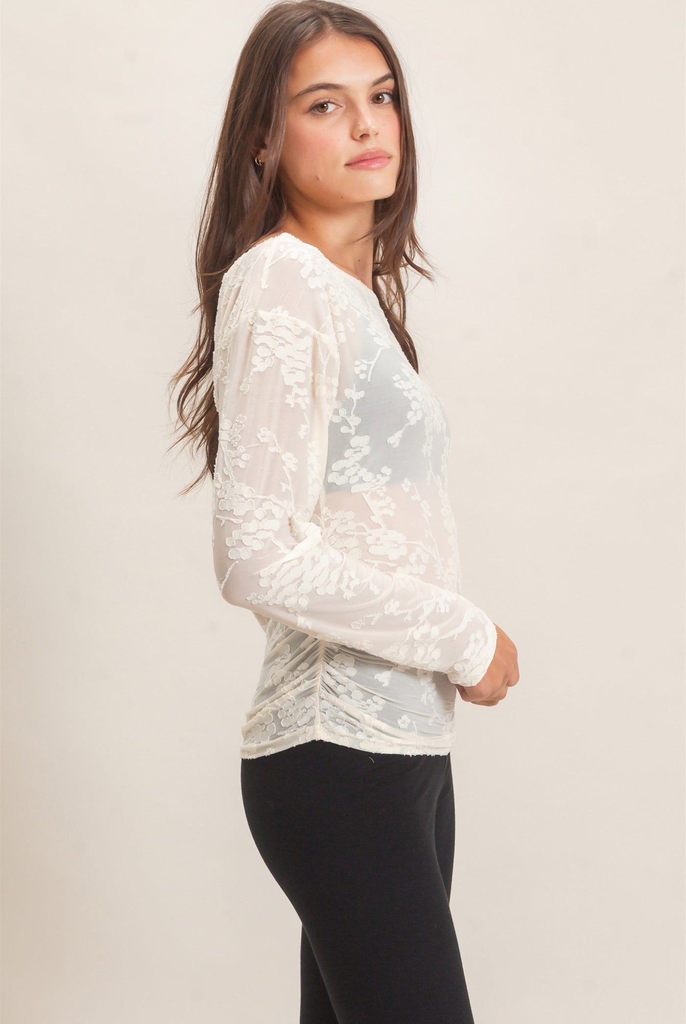 Wholesale Sheer Lace Boat Neck Top Blouses HF26E761 IVORY HYFVE