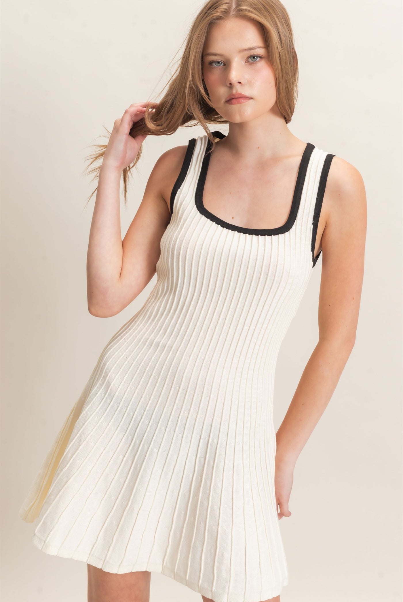 Wholesale Ribbed Square Neck Mini Dress Dresses HF26F213 CREAM HYFVE