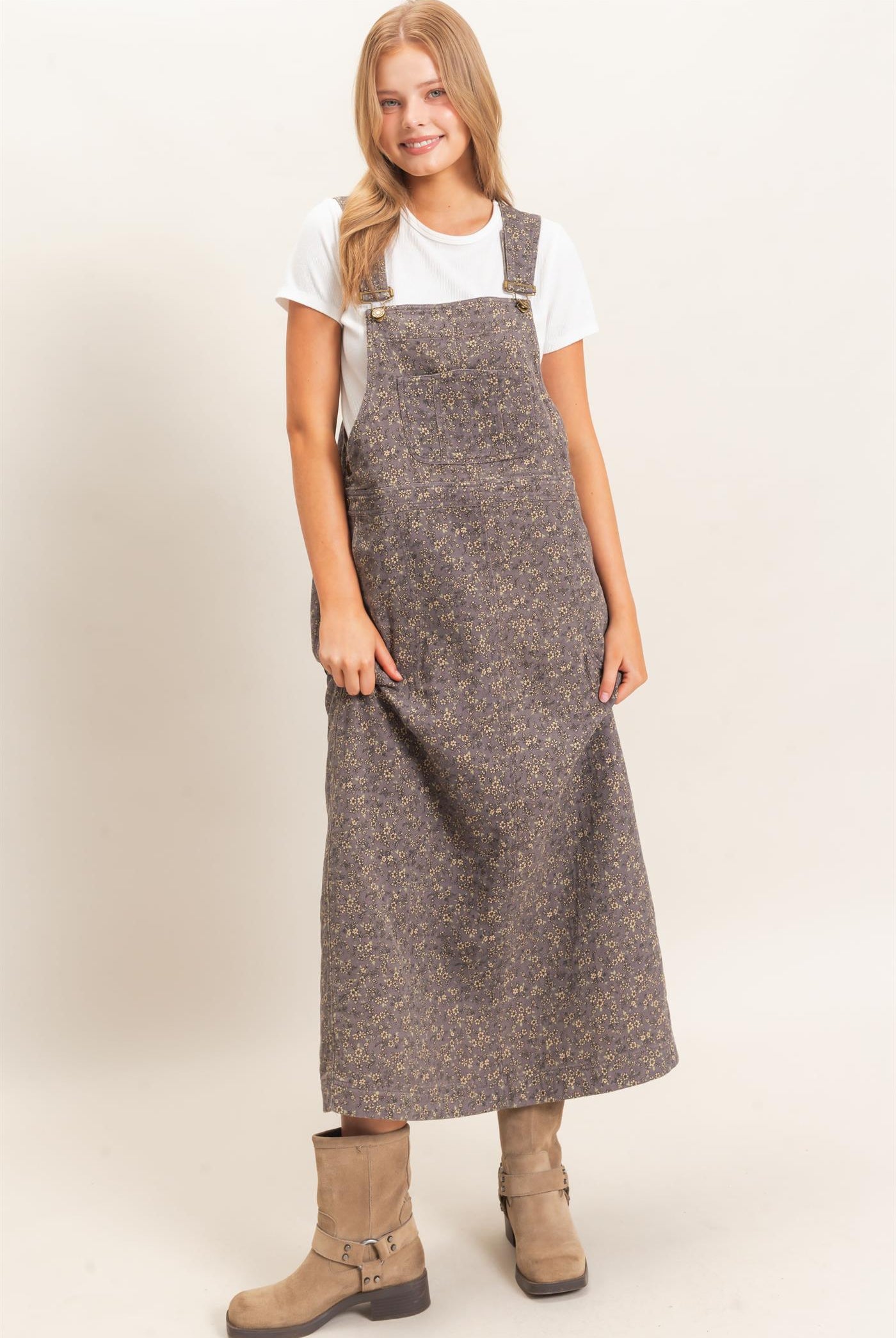 Wholesale Floral Garment Wash Overall Dress Dresses HF26C838 ASH HYFVE