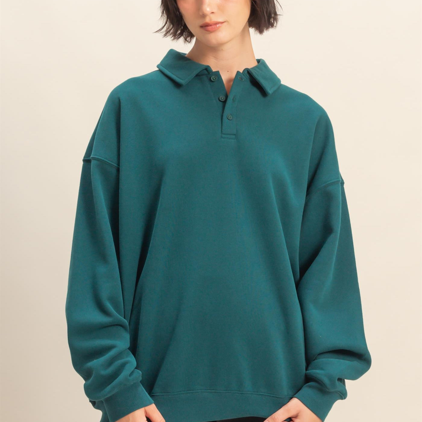 Wholesale Oversized Polo Collared Pullover Sweatshirts DZ25F074 DEEP GREEN DOUBLE ZERO