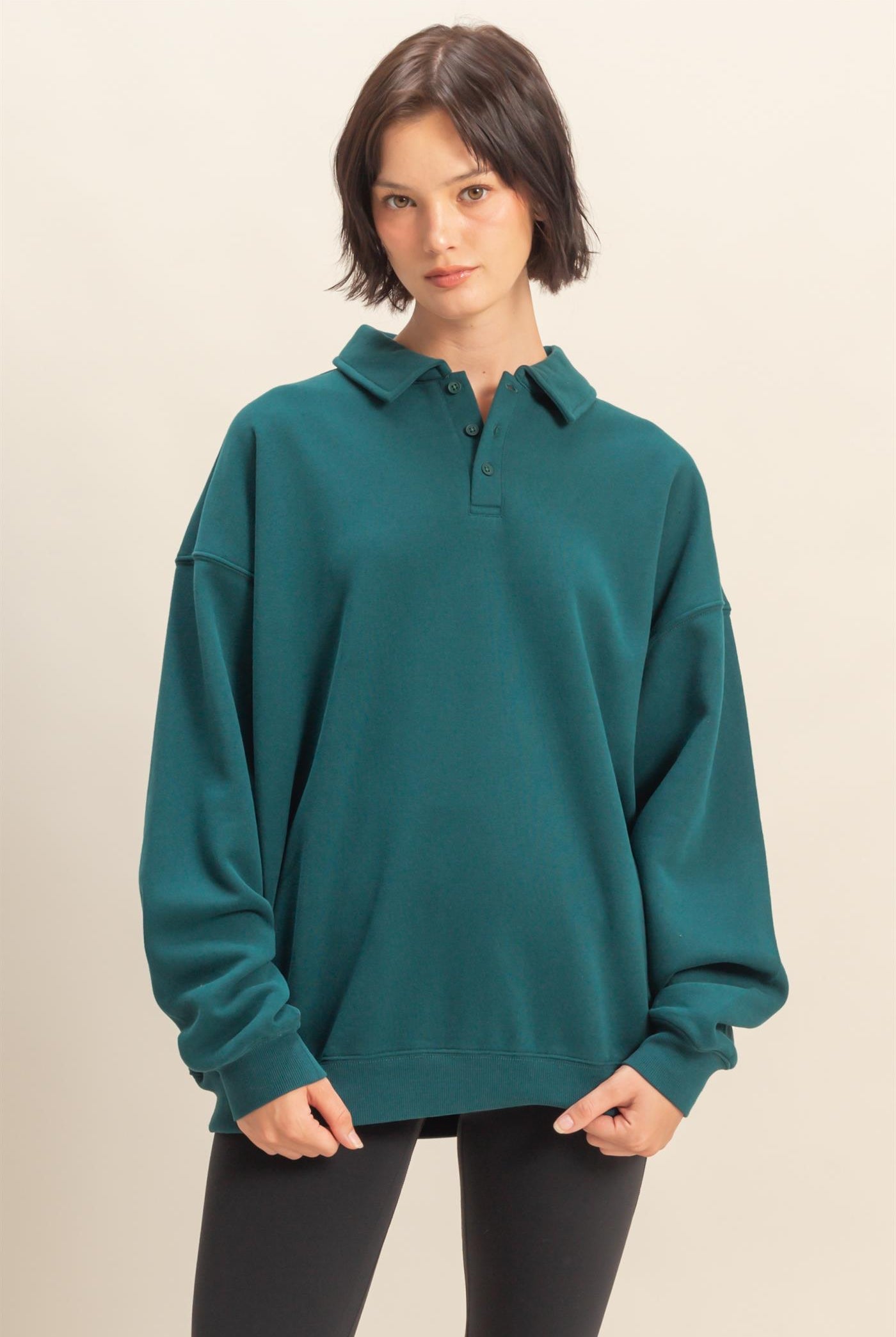 Wholesale Oversized Polo Collared Pullover Sweatshirts DZ25F074 DEEP GREEN DOUBLE ZERO
