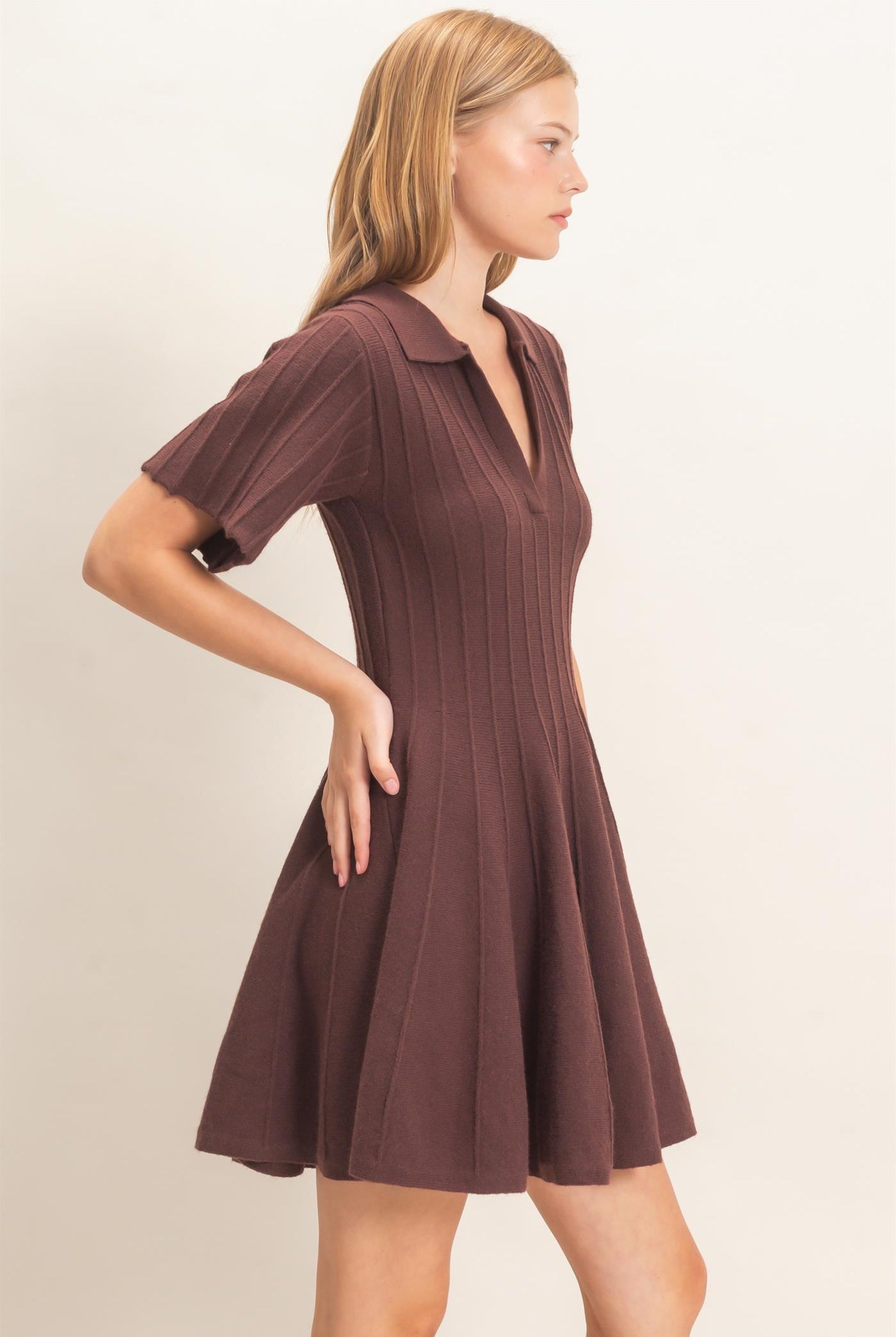 Wholesale Ribbed Knit Collared Dress Dresses HF26E365 CHESTNUT HYFVE